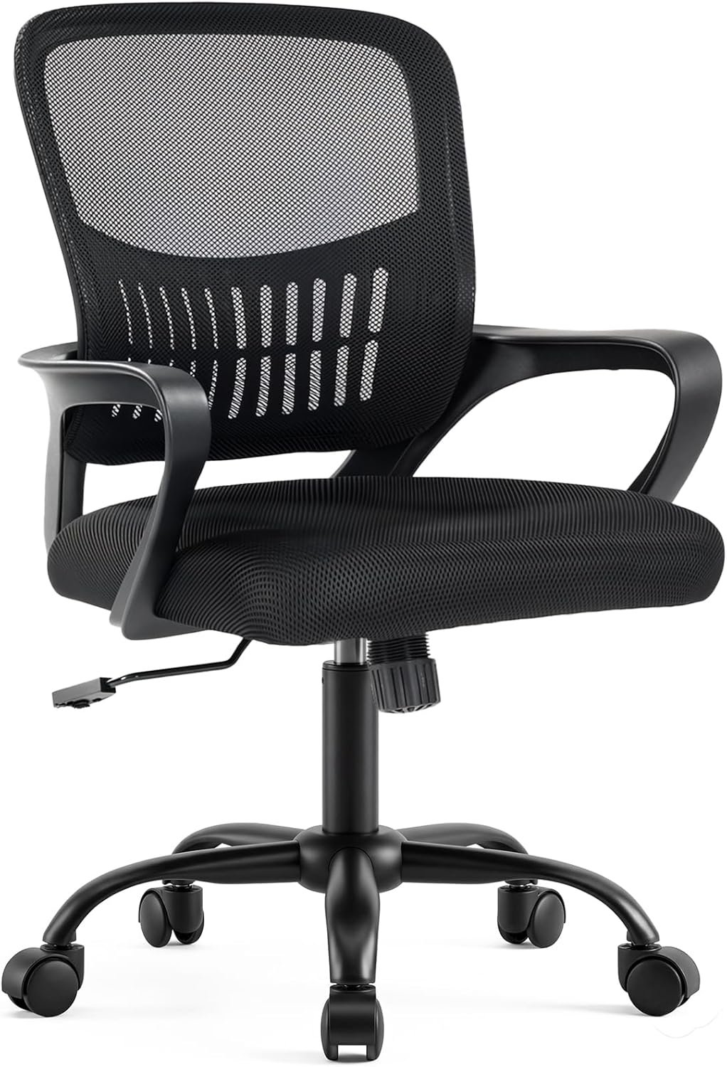 DUMOS Home Office Chair – Ergonomic Mid Back Mesh Desk Chair with Lumbar Support & Rocking Mode, Height Adjustable, Fixed Armrest, for Conference, Computer, 360° Swivel, Adults, Black