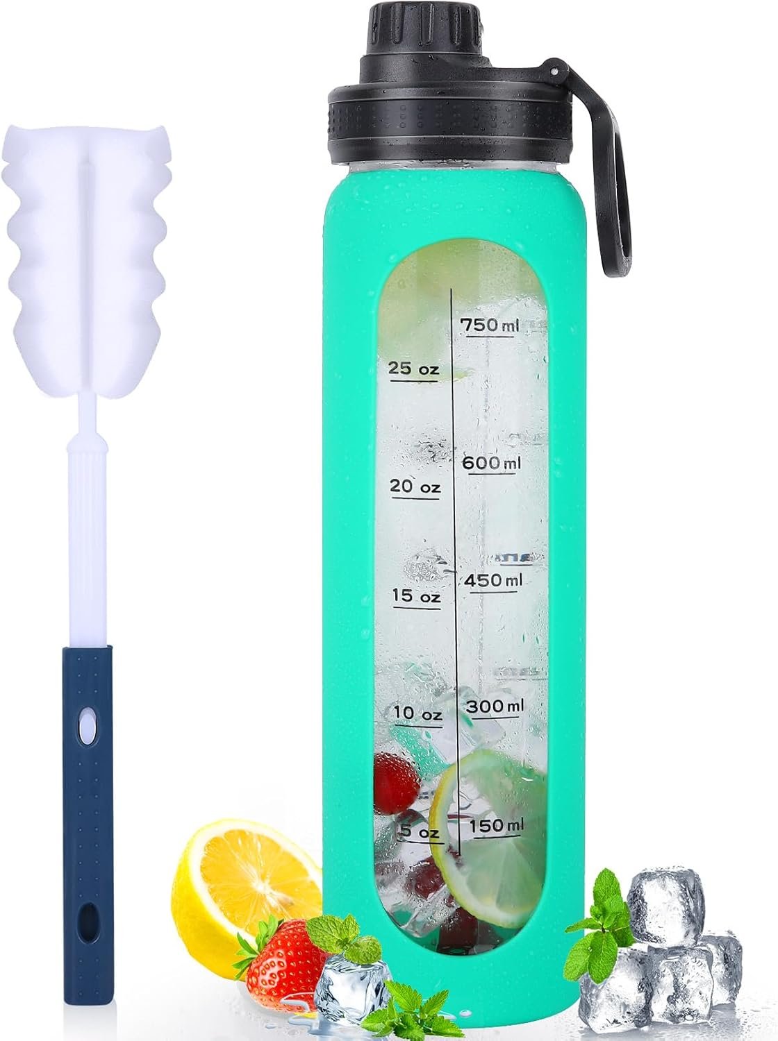 Glass Water Bottles 32oz with Silicone Sleeve Drinking Hydration Bottles Reusable Borosilicate Wide Mouth Motivational Water Flask Canteen with Time Marker Spout Lid and Brush (Green – 32 oz)
