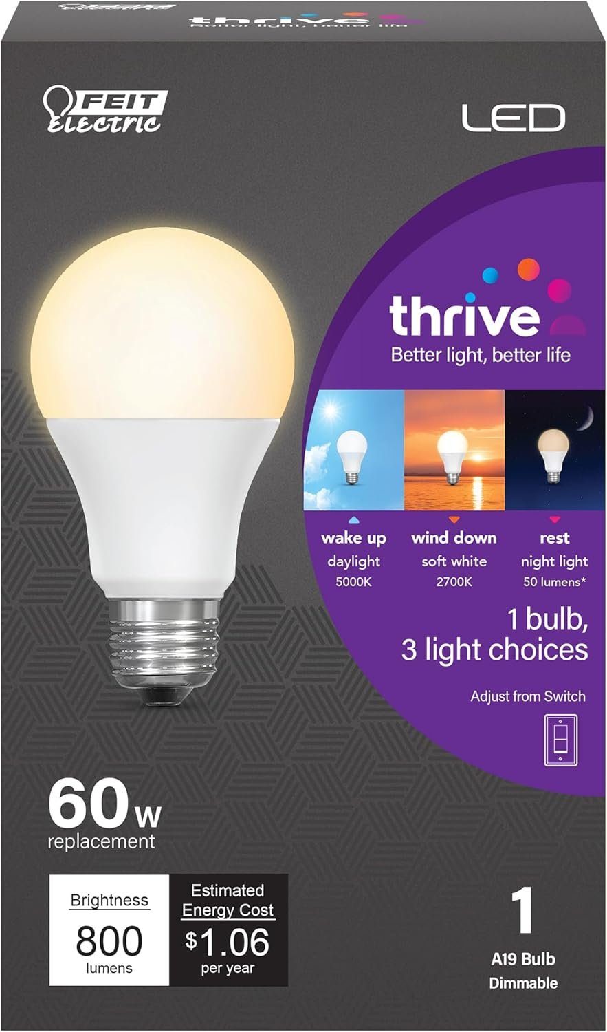 Feit Electric LED Circadian Rhythm Intellibulb with Night Light – A19 with an E26 Medium Base Light Bulb – 60W Equivalent – 15 Year Life – 800 Lumen – 2700K Soft White and 5000K Daylight