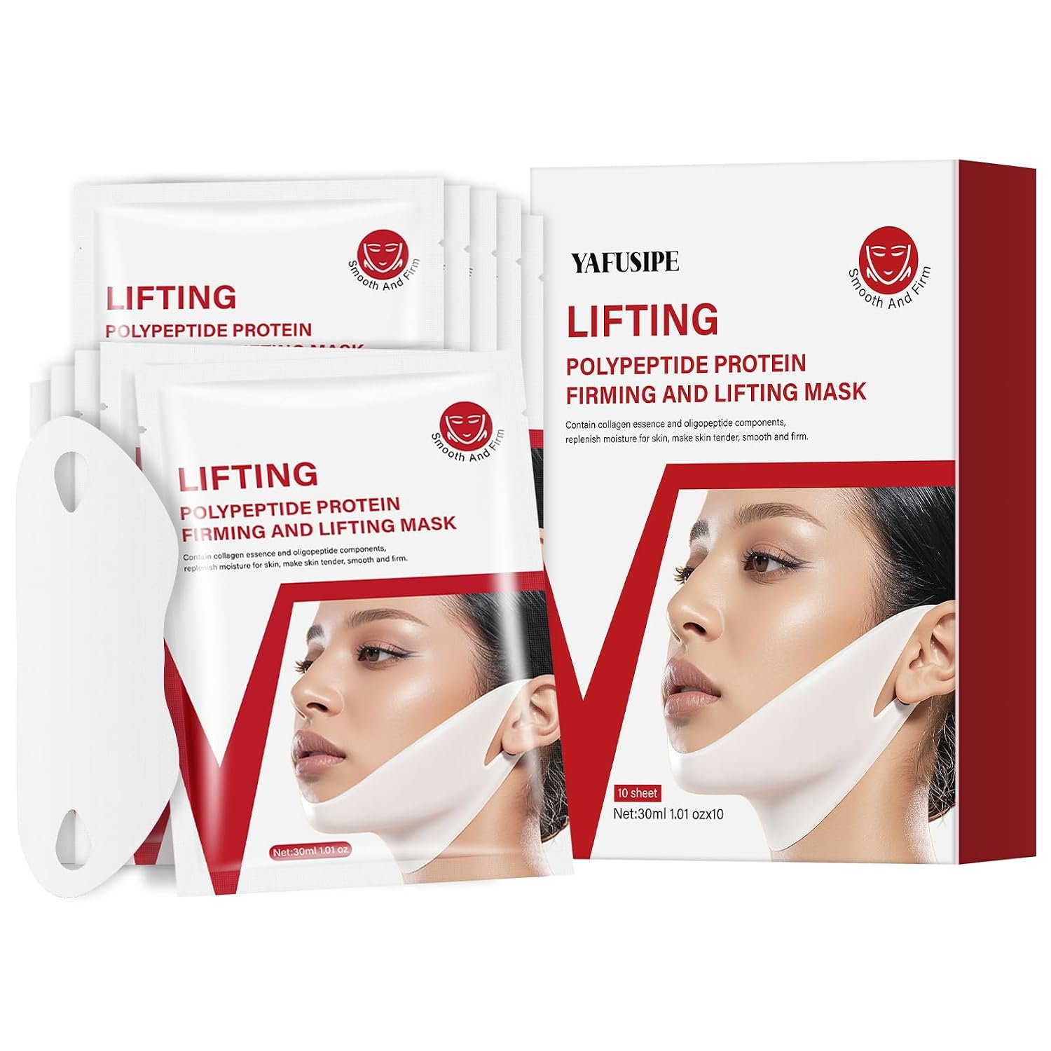 V Line Face Lifting Mask, 10 Sheets V Line Chin Strap Lifting Double Chin Reducer, Polypeptide Protein Collagen Neck and Face Slimming Masks, Hydrating Neck Sheet Mask for Women Tightening