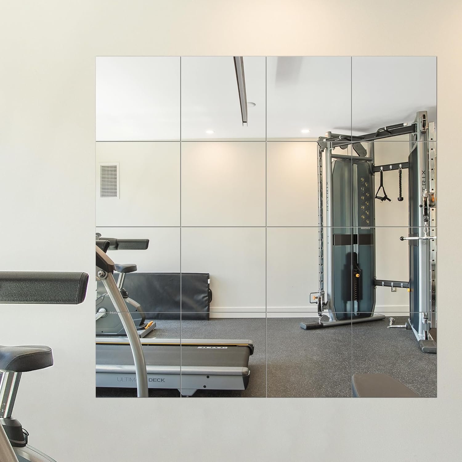 Delma Home Gym Mirrors, 12” x 12” Glass Mirror Tiles (16 PCS), Square Large Wall Mirror for Home Gym, Bedroom, Door,Bathroom, Frameless Mirror Sets