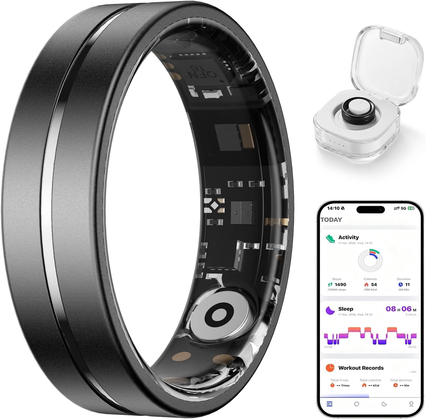 Smart Ring for Women Men, AI Health Fitness Tracker with Sleep, Heart Rate, Blood Oxygen, HRV, Stress, Gesture Photo, IP68 Waterproof, No Subscription, iOS Android (Matte Black,10)