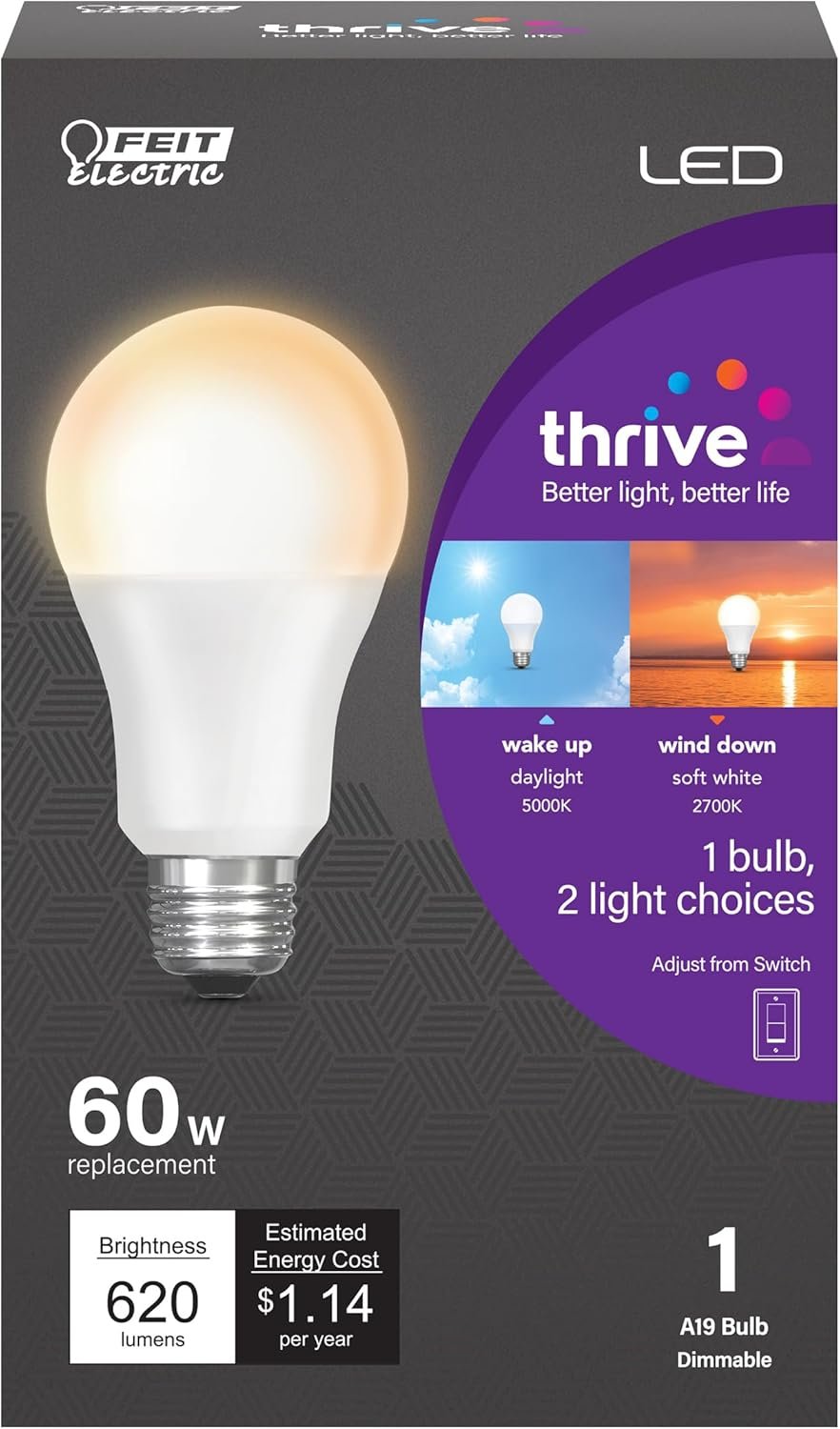 Feit Electric LED Circadian Rhythm Intellibulb – A19 with an E26 Medium Base Light Bulb – 60W Equivalent – 15 Year Life – 620 Lumen – 2700K Soft White and 5000K Daylight