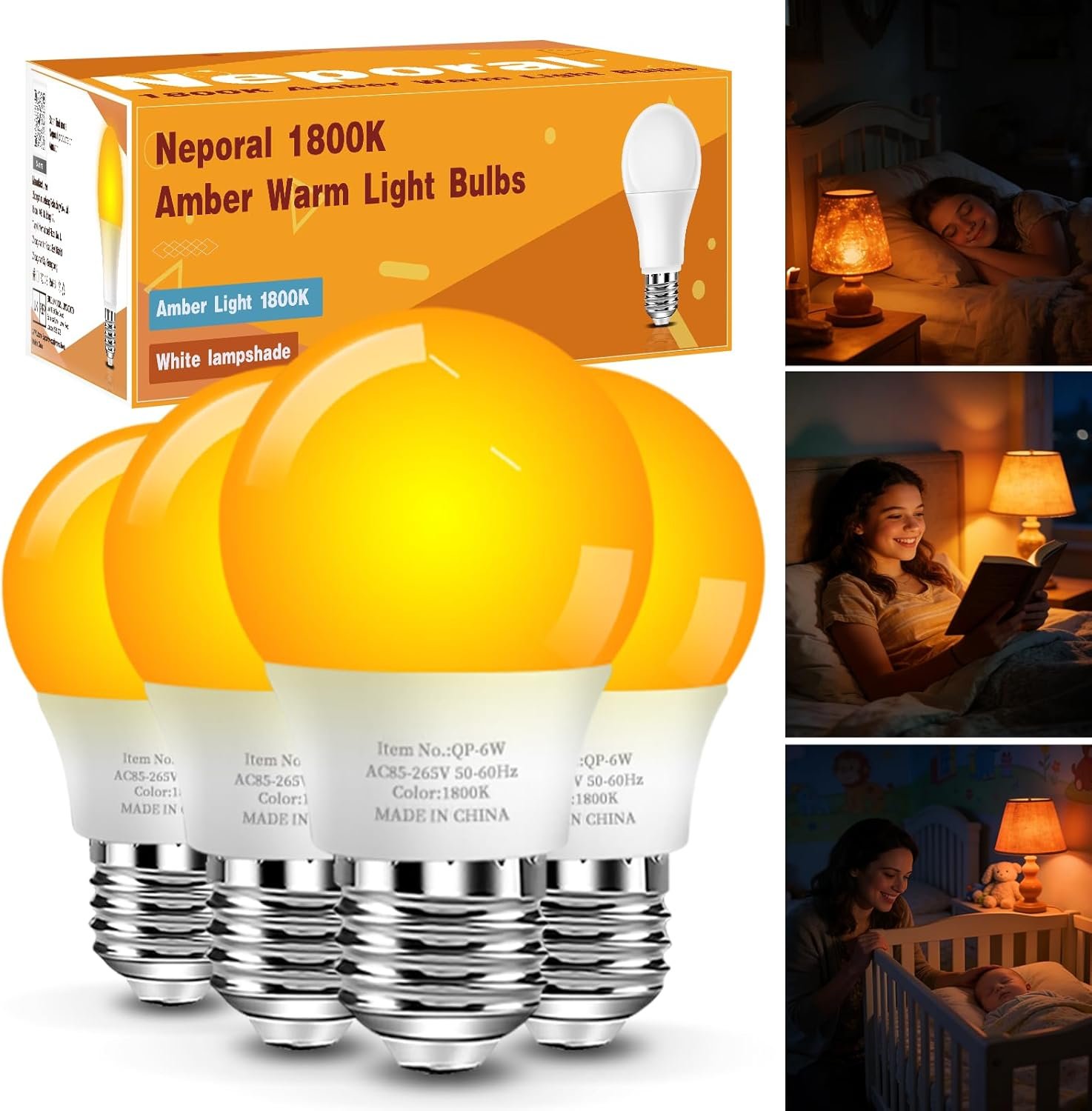 Neporal Amber Sleep Light Bulbs 1800K 4PK, 6W 40 Watt Equivalent, 99.96% Blue Blocking Soft Warm Light Bulbs A15, Amber Night Light E26 for Bedroom and Baby Nursery Light