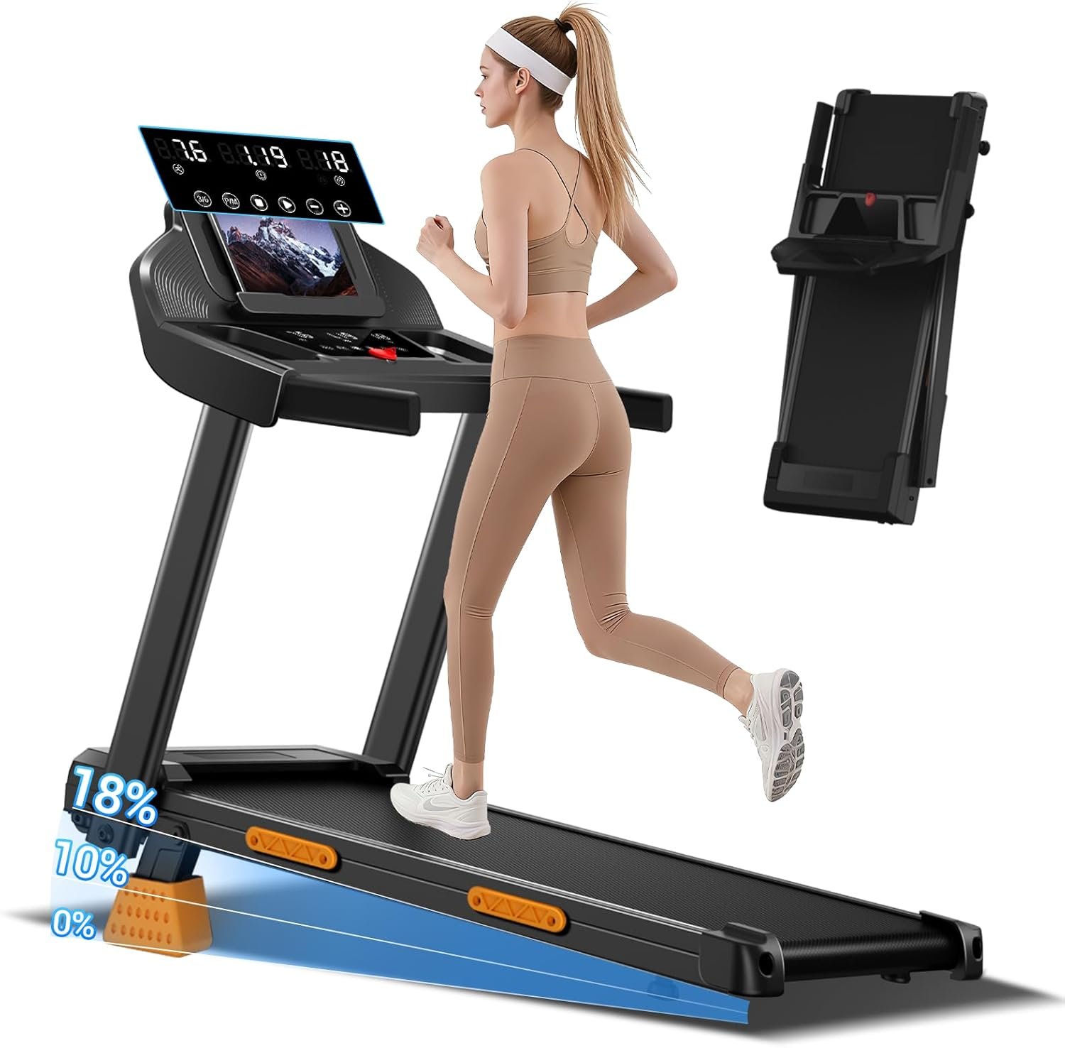 CURSOR FITNESS 16% Incline Treadmills for Home Small with 3 LED Displays, 3.0HP Foldable Walking Pad Treadmill Up to 400LBS Capacity, Portable Treadmill 0.6-7.0MPH