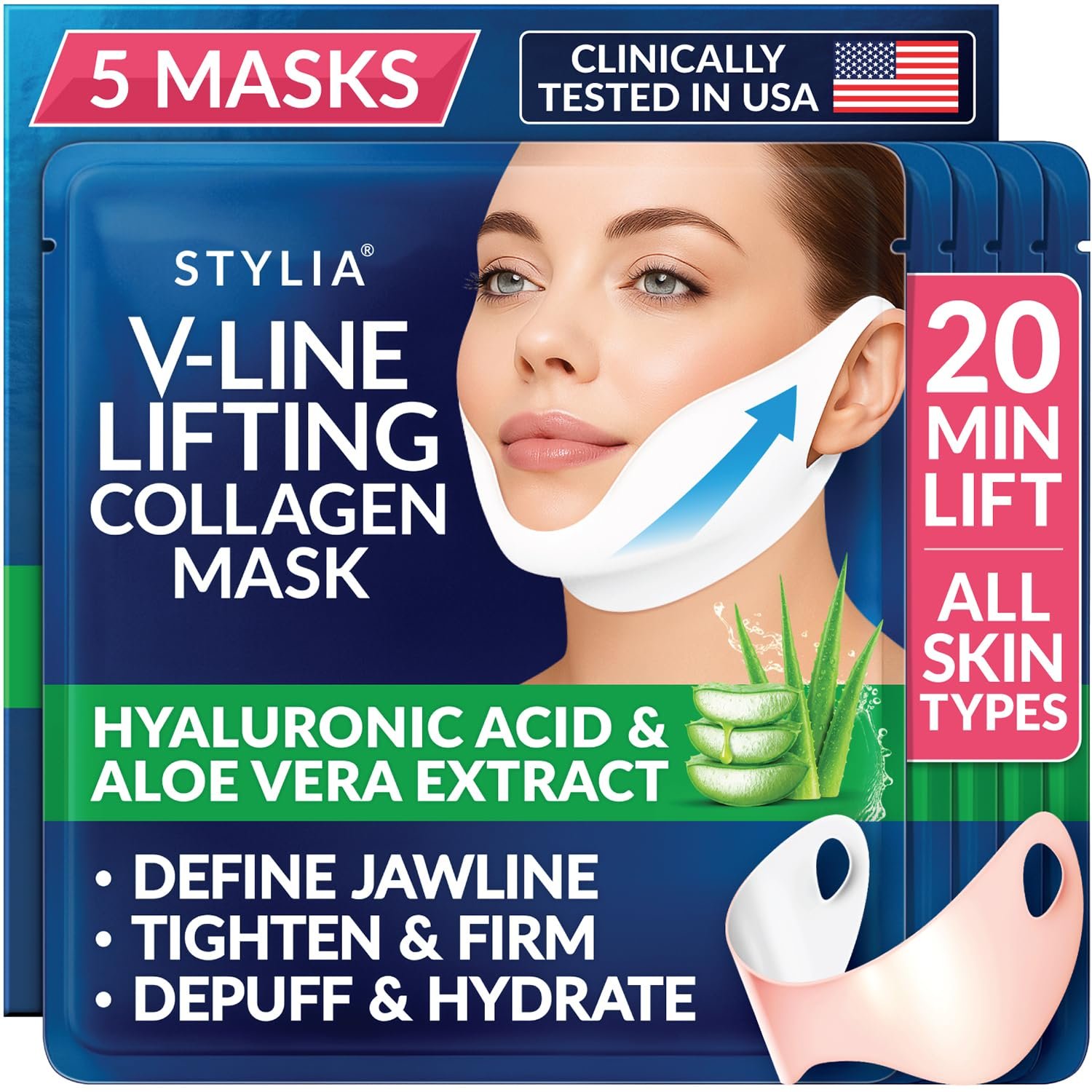 Stylia V Line Lifting Collagen Mask – Lift, Firm & Contour Jawline – Tightening Double Chin Strap with Hyaluronic Acid & Aloe – Neck Tightening and Lifting Mask – Jawline Shaper Face Lift Tape (5PC)