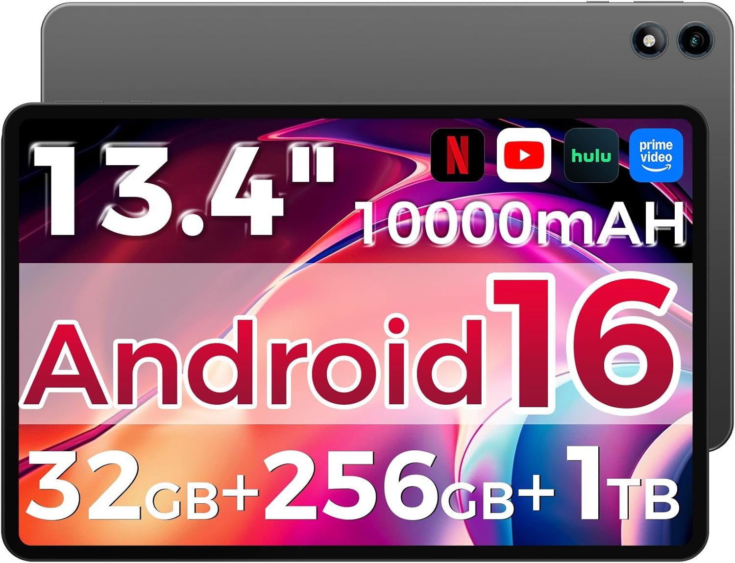 Android 16 Tablet,13.4 inch Large Tablet with Octa-Core Processor, 32GB RAM + 256GB ROM, 10000mAh Battery,1920×1200 IPS, 2.4/5Ghz Dual WiFi/5+8MP/GPS/Gemini AI/Widevine L1, Case Included