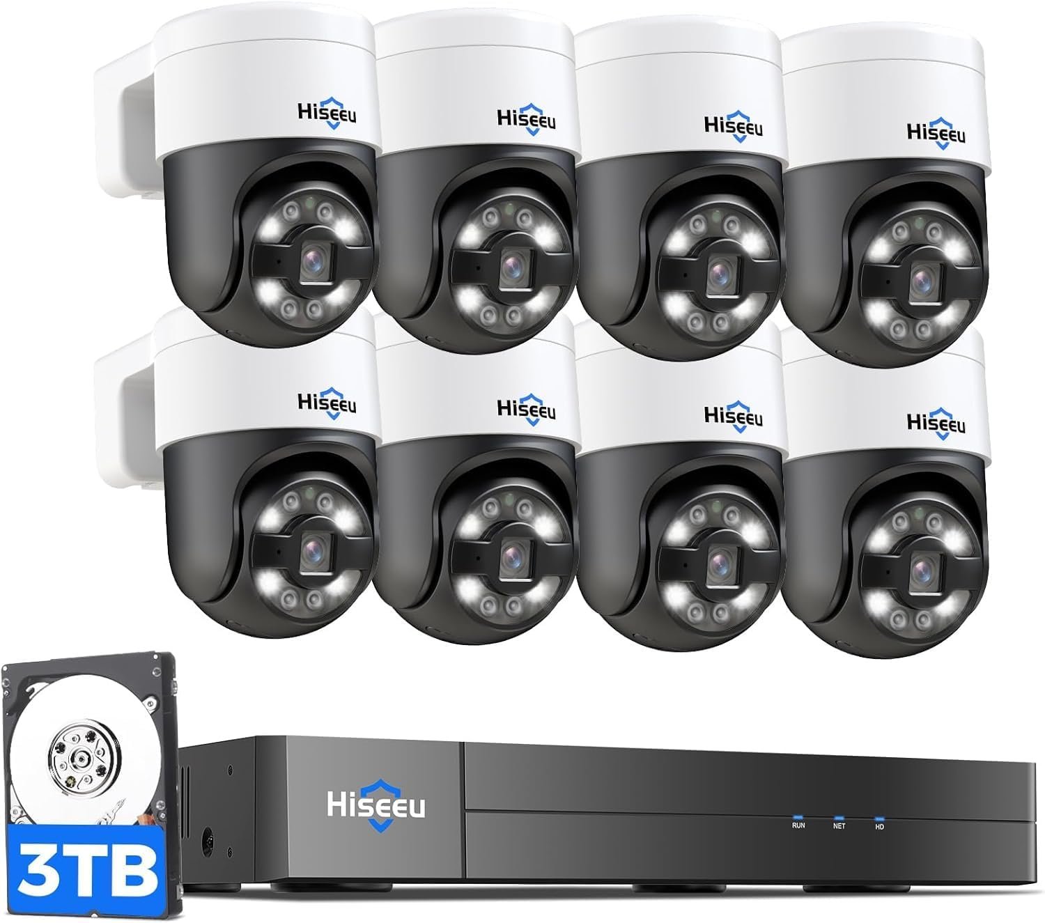 [300° Pan 90° Tilt + Human Tracking] Hiseeu 4K PoE Camera System Wired, NVR Security Camera System with 8pcs 5MP PoE PTZ Cameras, Color Night Vision, 2-Way Audio, 24/7 Recording for Outdoor Indoor