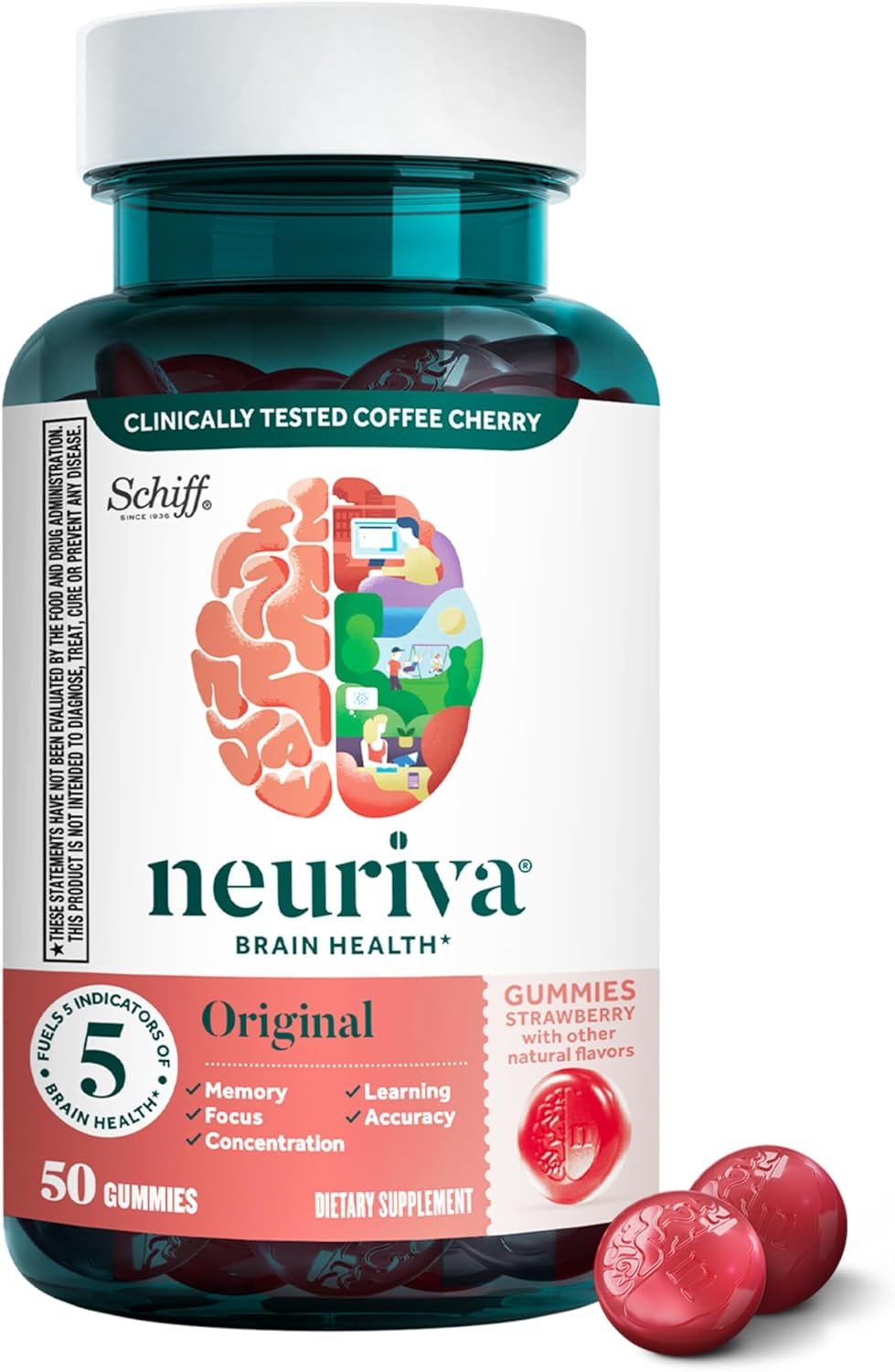 NEURIVA Original Brain Supplements for Memory and Focus, Clinically Tested Nootropics Phosphatidylserine and Neurofactor, Caffeine Free, 50ct Strawberry Gummies