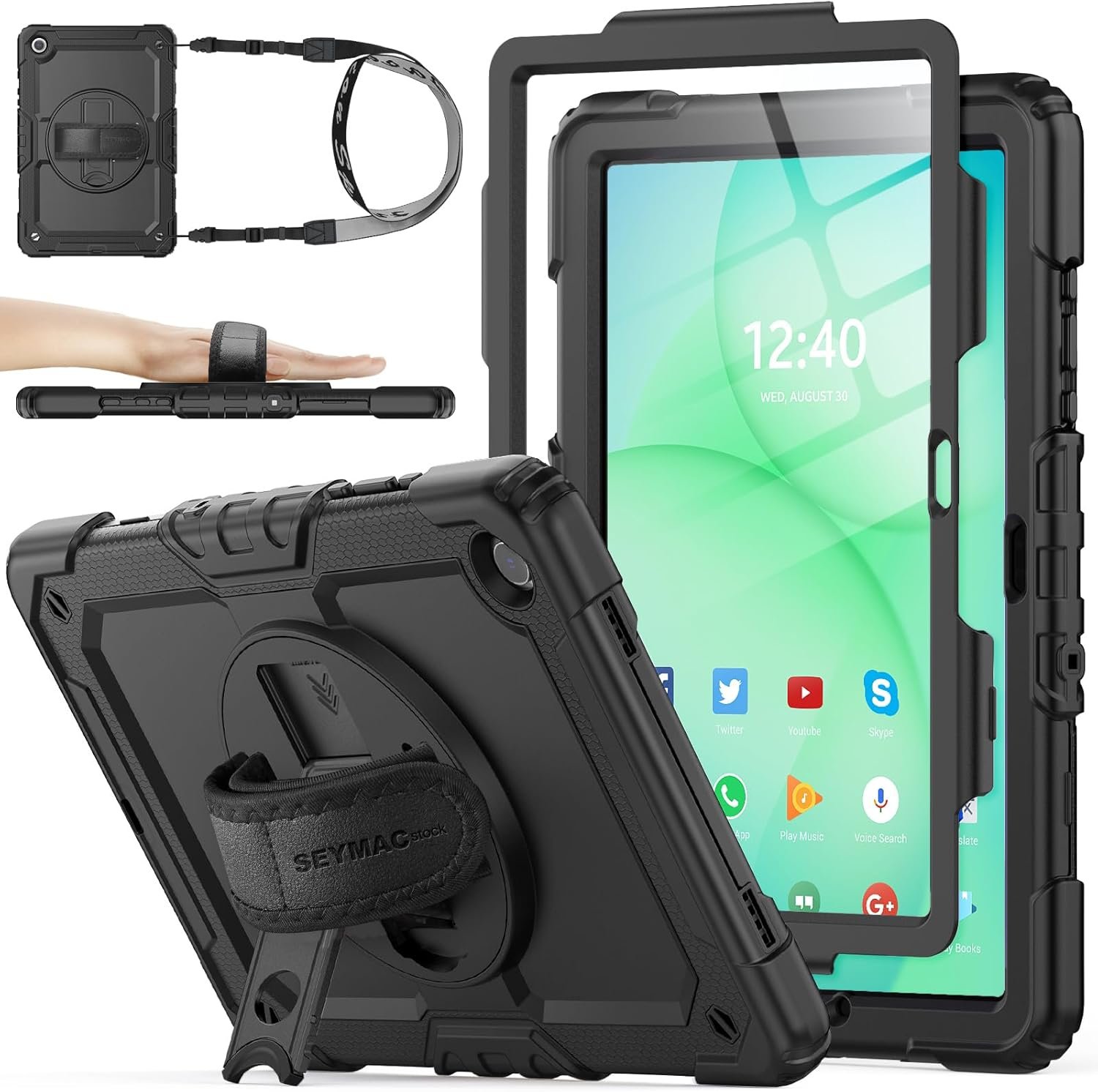 SEYMAC stock Case for Samsung Galaxy Tab A11+ Plus/A9+ Plus 11”, Full-Body Drop Protection Case with Screen Protector Pencil Holder [360° Rotating Hand Strap] &Stand – Black