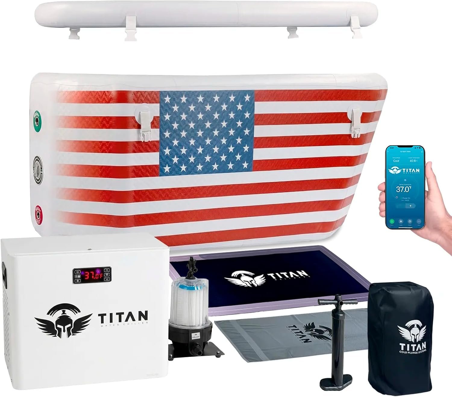 Ice Bath Pro Cold Plunge Tub and 1/3 HP 825W Chiller with Wi-Fi Control, UV Sanitation, 2-Year Warranty, U.S.-Based Support, Portable Ice Bath with Angled Backrest, Pump & Filter-Cools to 37°F-US Flag