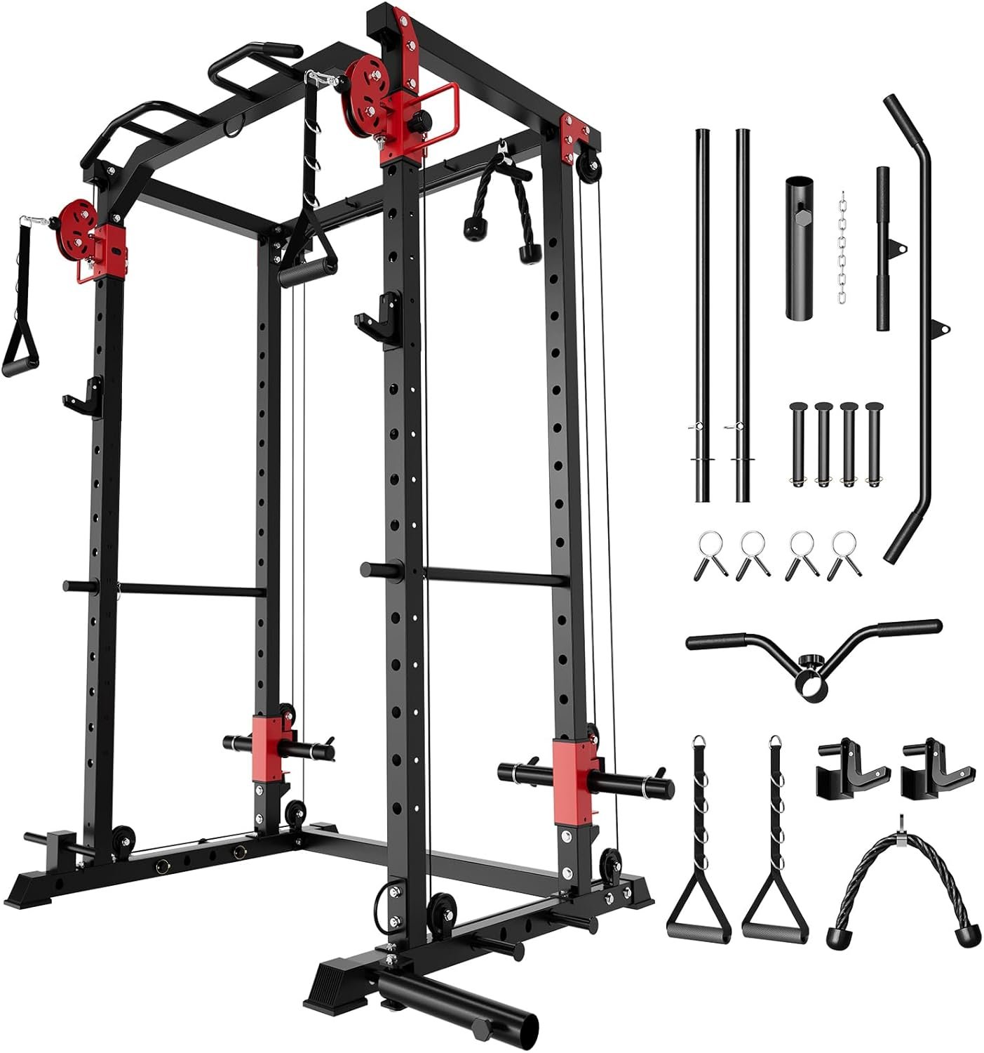 GarveeLife Power Cage with Dual Pulley System, 1600LB Multi-Function Squat Rack with Cable Crossover & LAT Pull Down, All-in-One Home Gym Strength Training Cage for Full Body Workout, Red Black