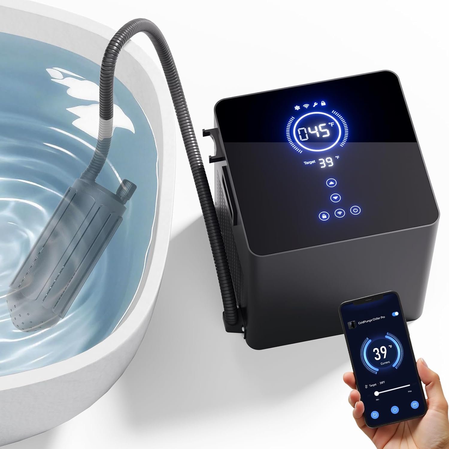 Cold Plunge Chiller Pro, 1/2 HP Drop-in Ice Bath Water Chiller for Any Tub, Cools to 39°F, No Installation Required, WiFi App & Touchscreen Control, Ready-to-Use Cold Therapy System 110V