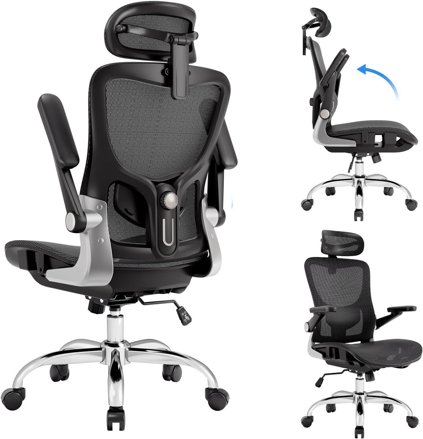 marrap Ergonomic Office Chair, Mesh Seat Cushion with 3D Armrests and 3D Headrest, Adjustable Lumbar Support with 90-120° Rocking Function for Home Office, Black