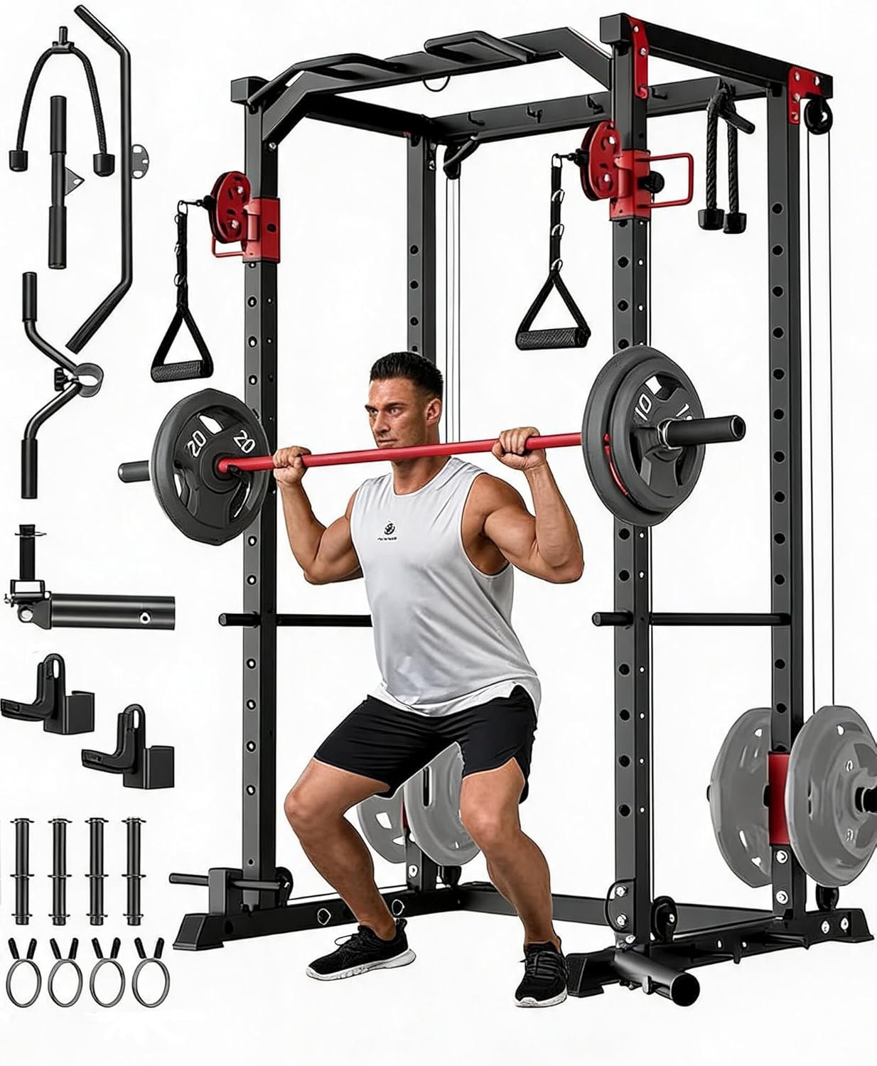 Garvee Power Cage, Multi-Functional Power Racks for Home Gym with Dual Pulley Systems, 1200 LBS Weight Capacity Fitness Squat Rack for Strength Workout with More Training Attachment, Red