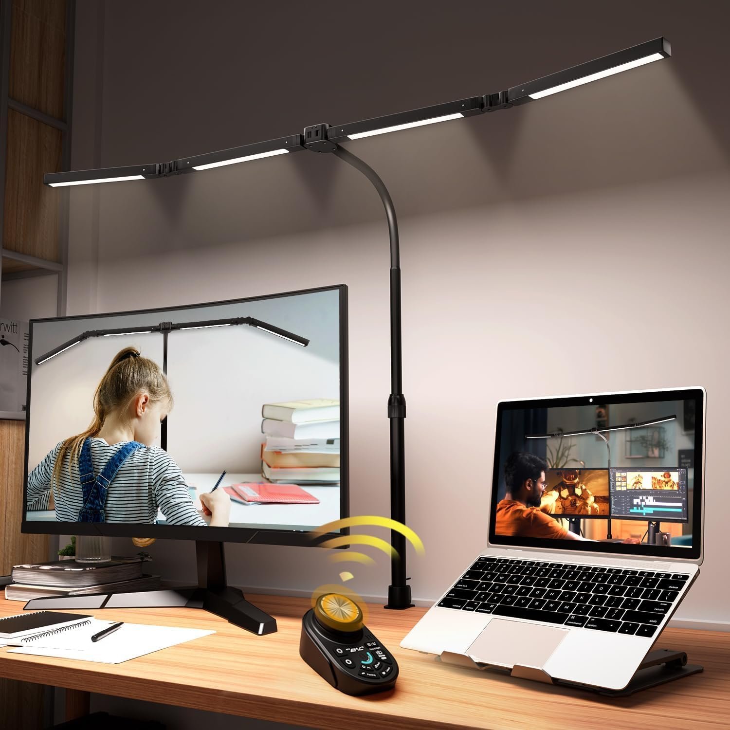 Adjustable LED Desk Lamp with Clamp, 4-Head Eye-Caring CRI95+ Desk Light, Stepless Dimming & Color Temp Remote Control, Flexible Neck, 5-Mode for Reading, Computer, Crafting, 90″ Wide Desk Coverage