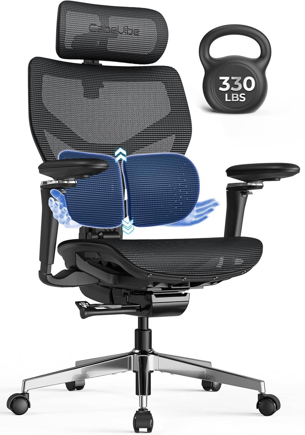 Ergonomic Office Chair with Lumbar Support – Over 10 Hours Sitting Comfortable, Mesh Big and Tall Home Computer Desk Chairs, 4D Headrest, 630° Armrst, Seat Depth Adjustable, 330 LBS
