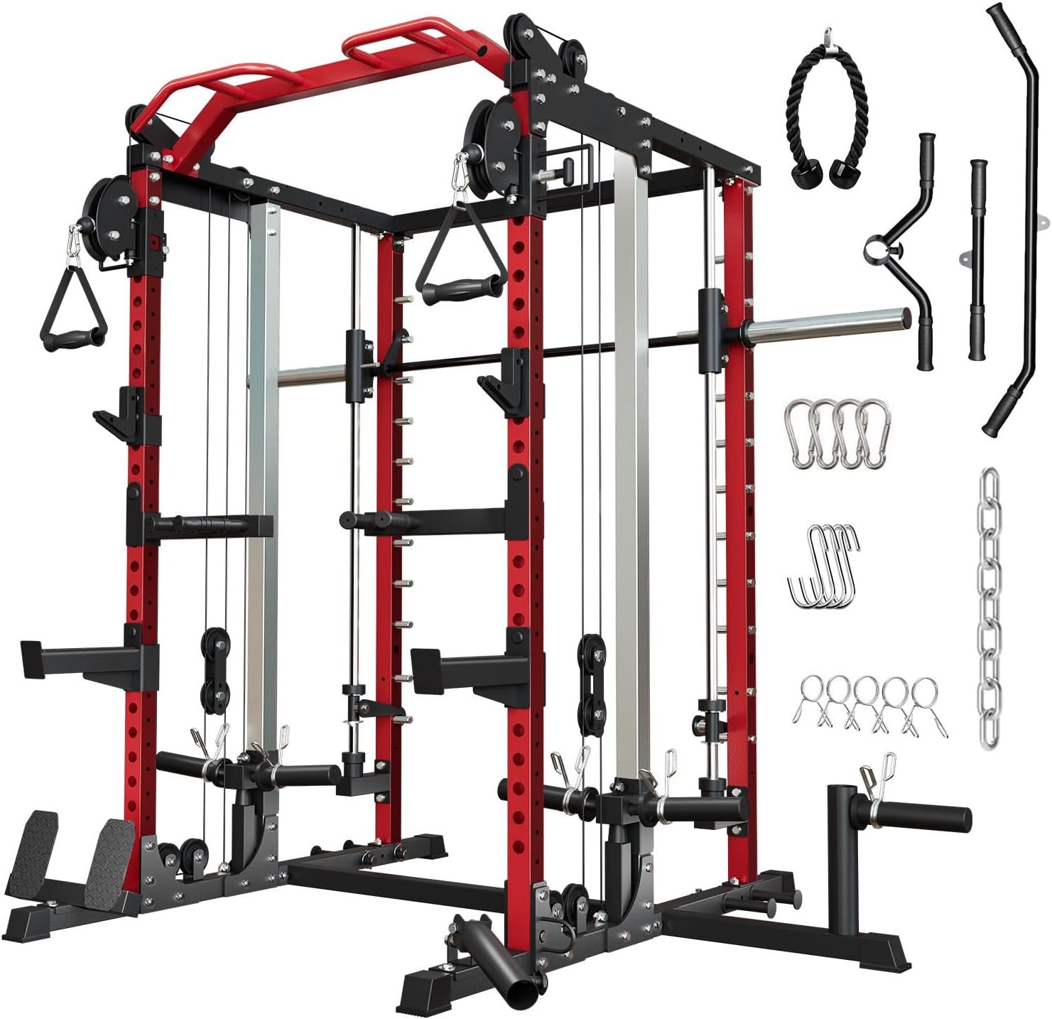 Power Cage Home Gym, Dual Pulley Cable Crossover System, All-in-One Squat Power Rack with Strength Training Attachments for Full-Body Workouts