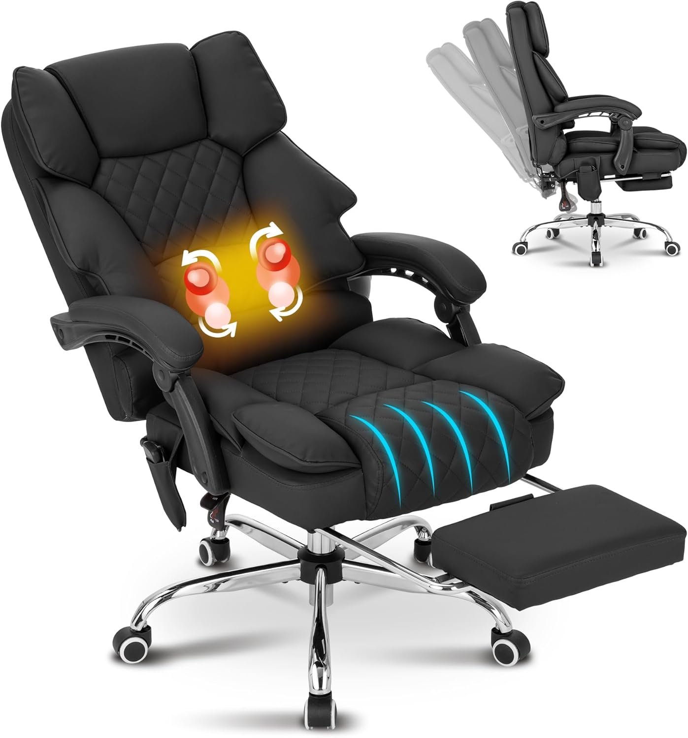 Kneading Massage Office Chair with Heated,90-135° Reclining Executive Office Chair with Footrest,Computer Desk Chair with Wheels,Diamond-Stitched Cushion Leather Office Chair (Black)