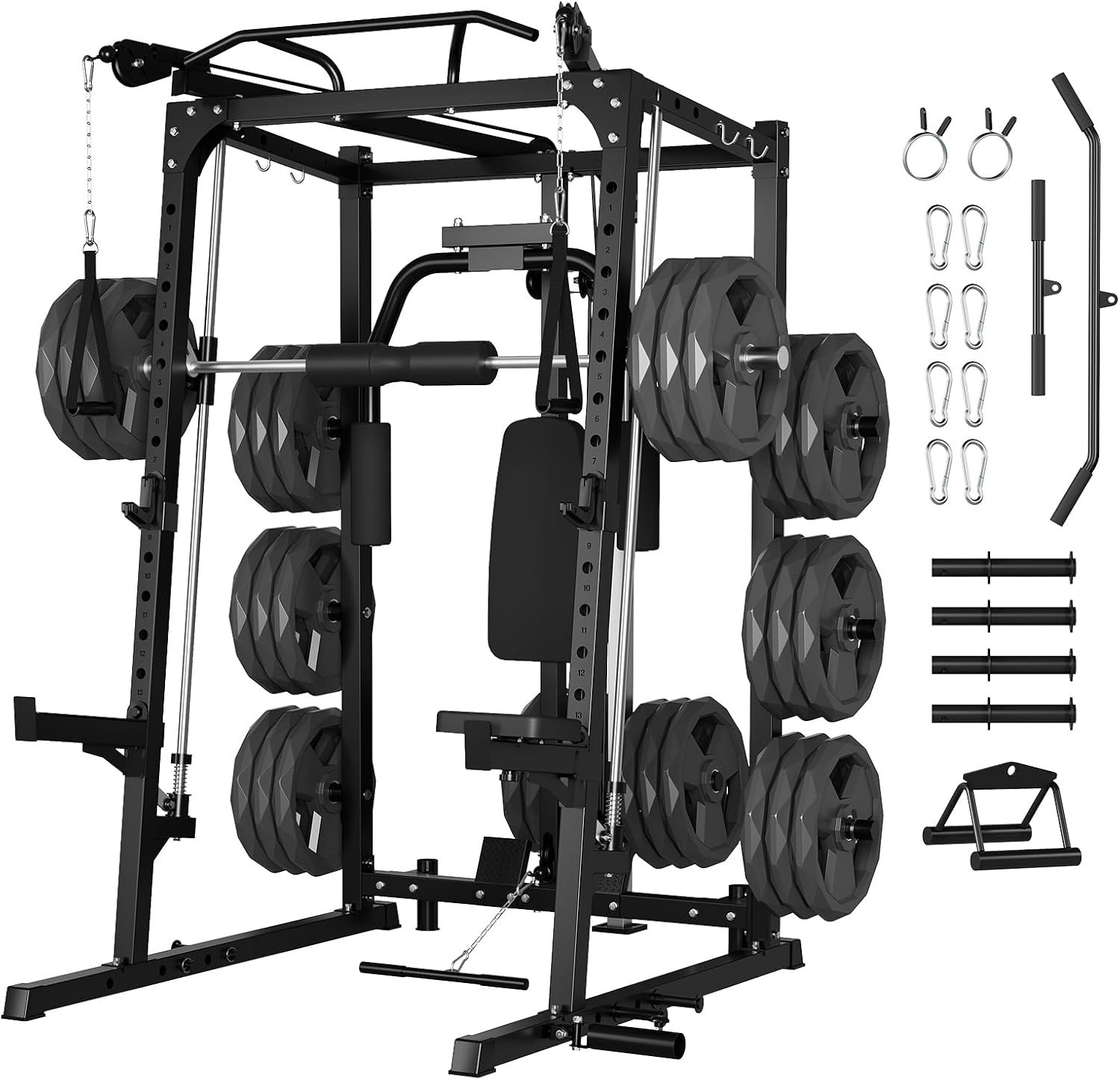 Garvee 2000LBS Smith Machine Home Gym, Multi-Function Power Cage Squat Rack with Cable Crossover & LAT Pulldown, Strength Training Equipment with 8 Weight Storage Pins and More (Plates Not Included)