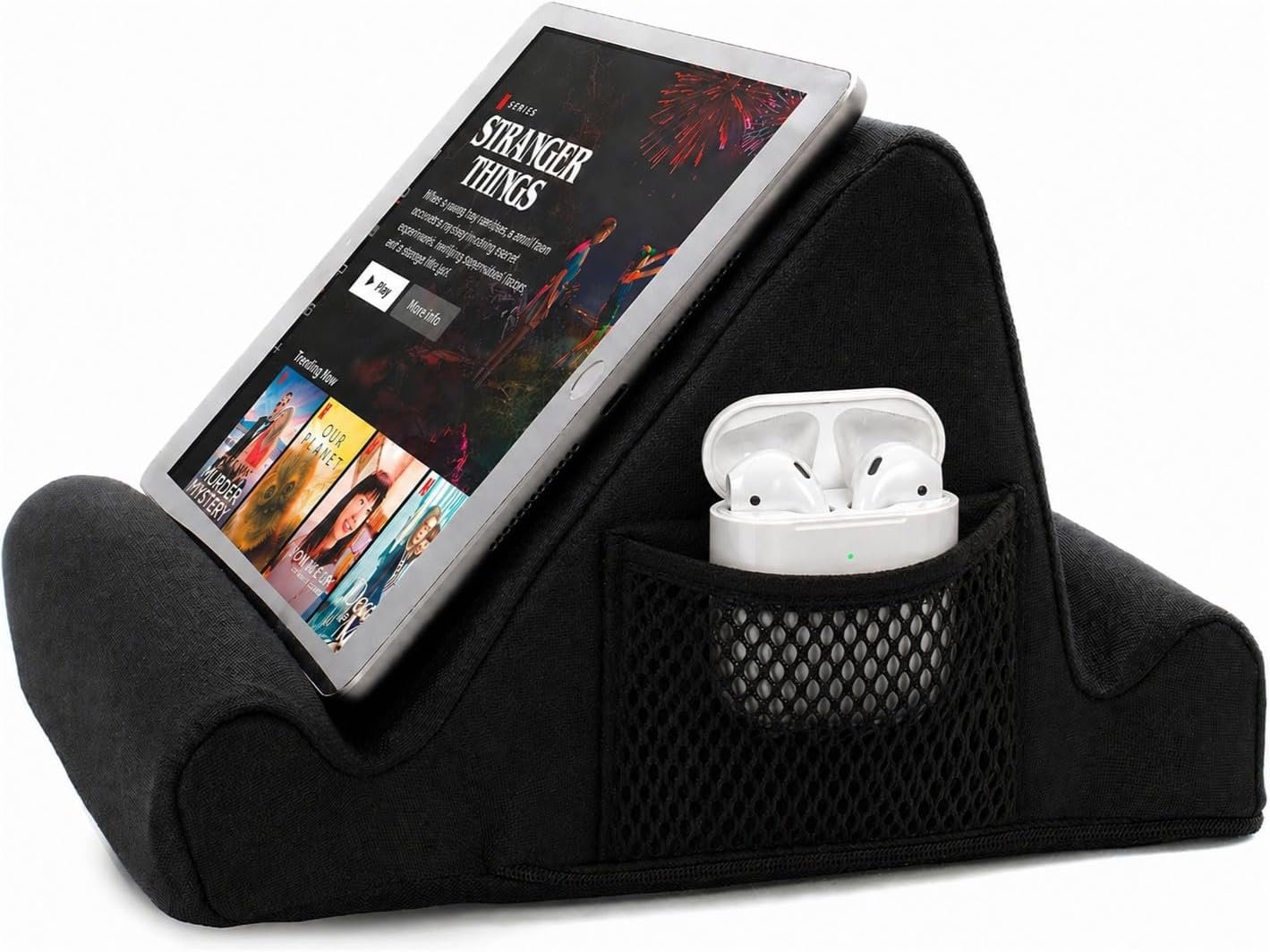 Brookstone Tablet Lap Cushion – Tablet and Phone Holder for Bed, Flights, and Travel, Two Angled Memory Foam Lap Desk for Reading and Hands Free Viewing, Compatible iPad and Kindle Accessories, Black