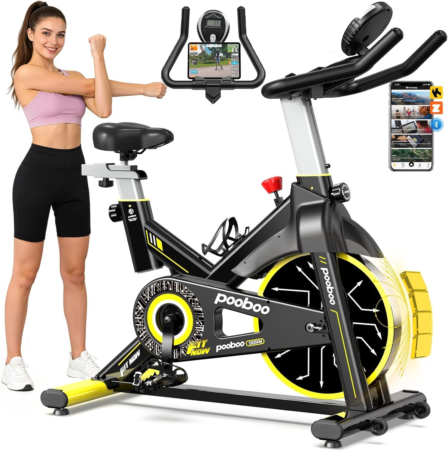 pooboo Exercise Bike, Brake Pad Stationary Bike for Home with Exclusive App, Adjustable Resistance Quiet Indoor Cycling Bike with 350lbs Weight Capacity Extra Comfort Seat,Indoor Cycling Spin Bike Workout Bike with Tablet Holder and Fitness Courses for Weight Loss