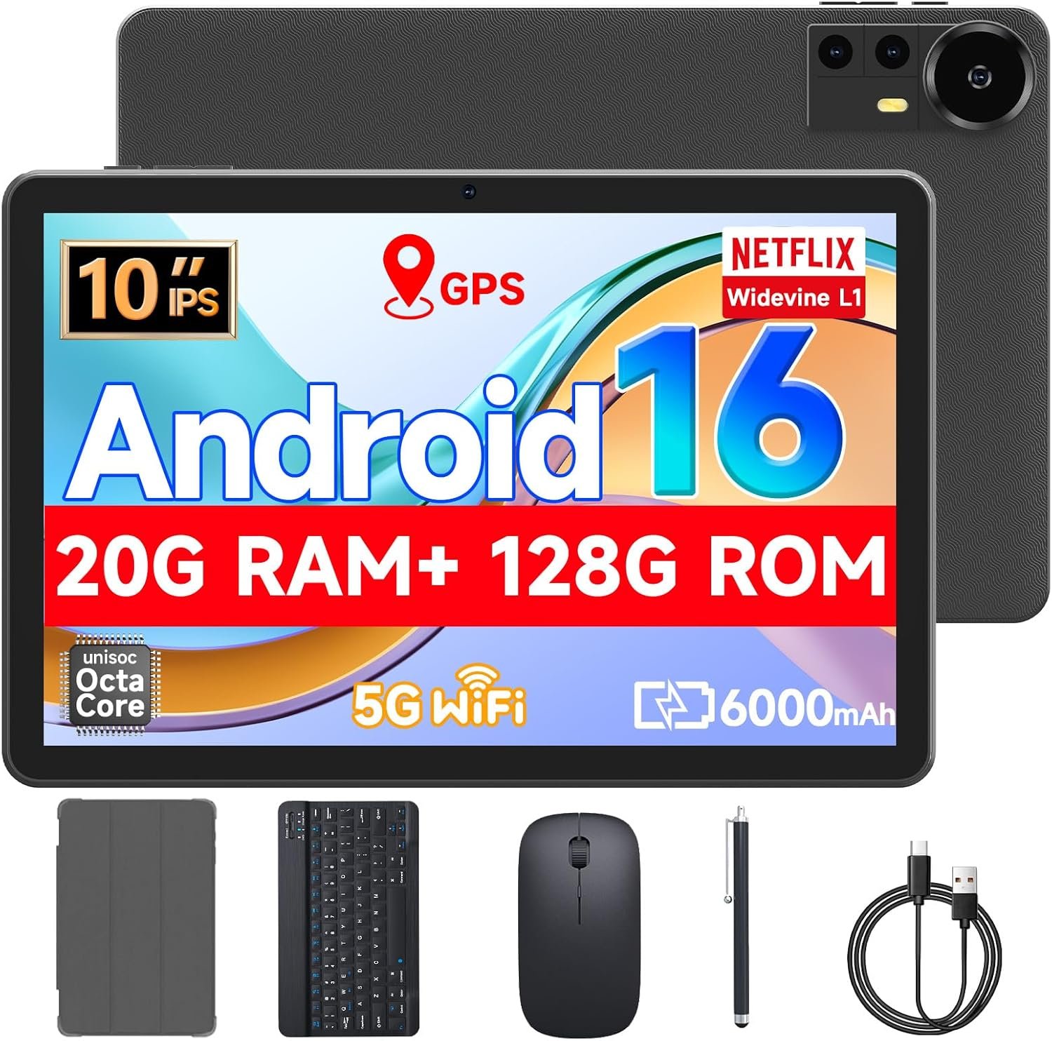 Tablet 10.1Inch Android 16.0, RAM 20GB(4+16Expand)+ROM 128GB, 6000mAh Battery, 2+8MP Dual Camera, 1280*800 IPS HD Touch Screen Tab PC Set with Keyboard+Mouse+Protective Case+Stylus (Black)