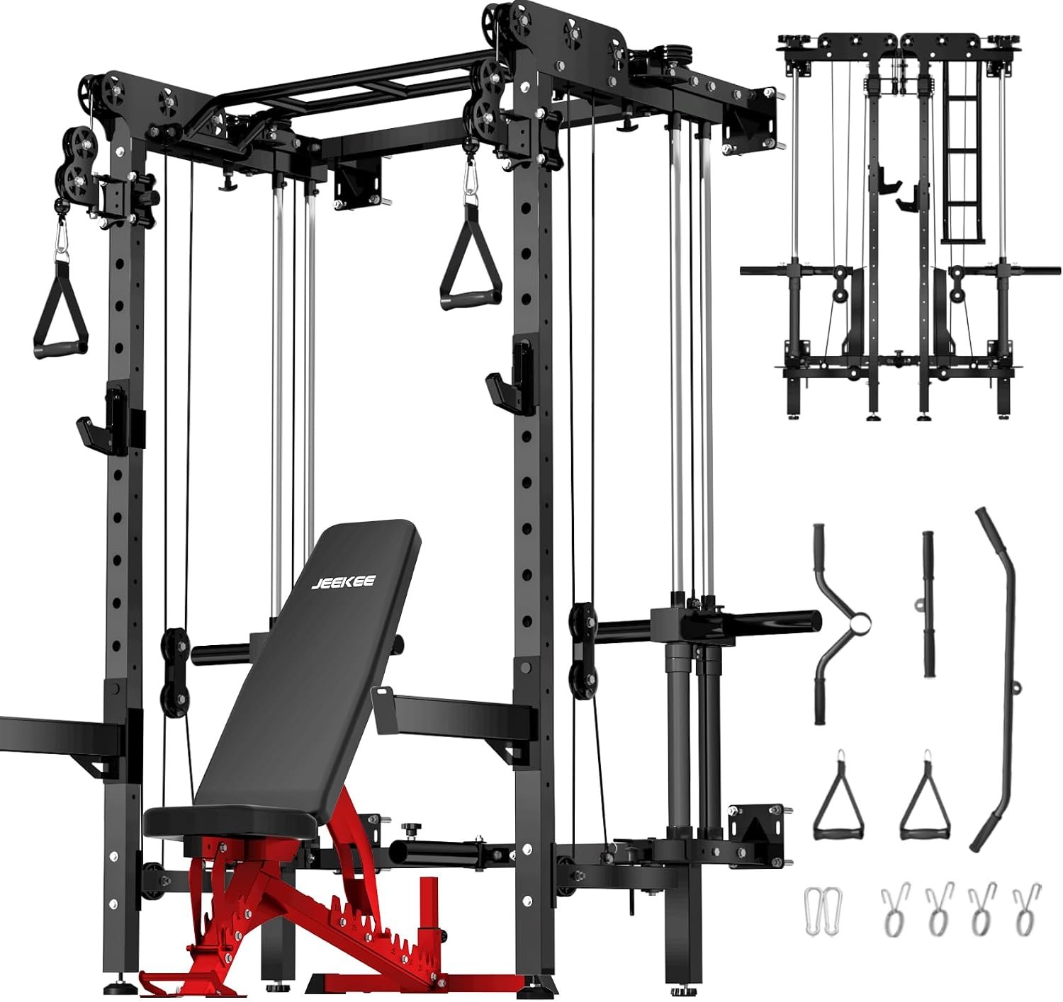 JEEKEE Folding Wall Mounted Power Rack with 180LB Weight Stack, 2400LB 2×3 Heavy Duty Squat Rack, Dual Cable Crossover System 1:1 Ratio, Functional Trainer for Home Gym Small Space,Black