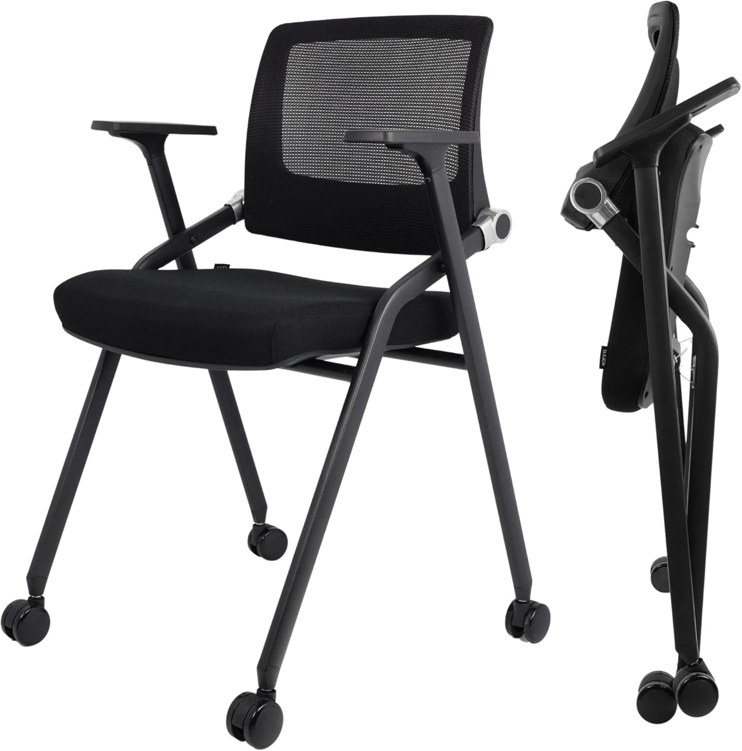2 Pack Foldable Office Chairs with Wheels, Mesh Back, Arms and Portable – Folding Office Chairs for Conference Room Chair, Office Guest & Reception & Meeting Chair – (Black) 300 lbs.
