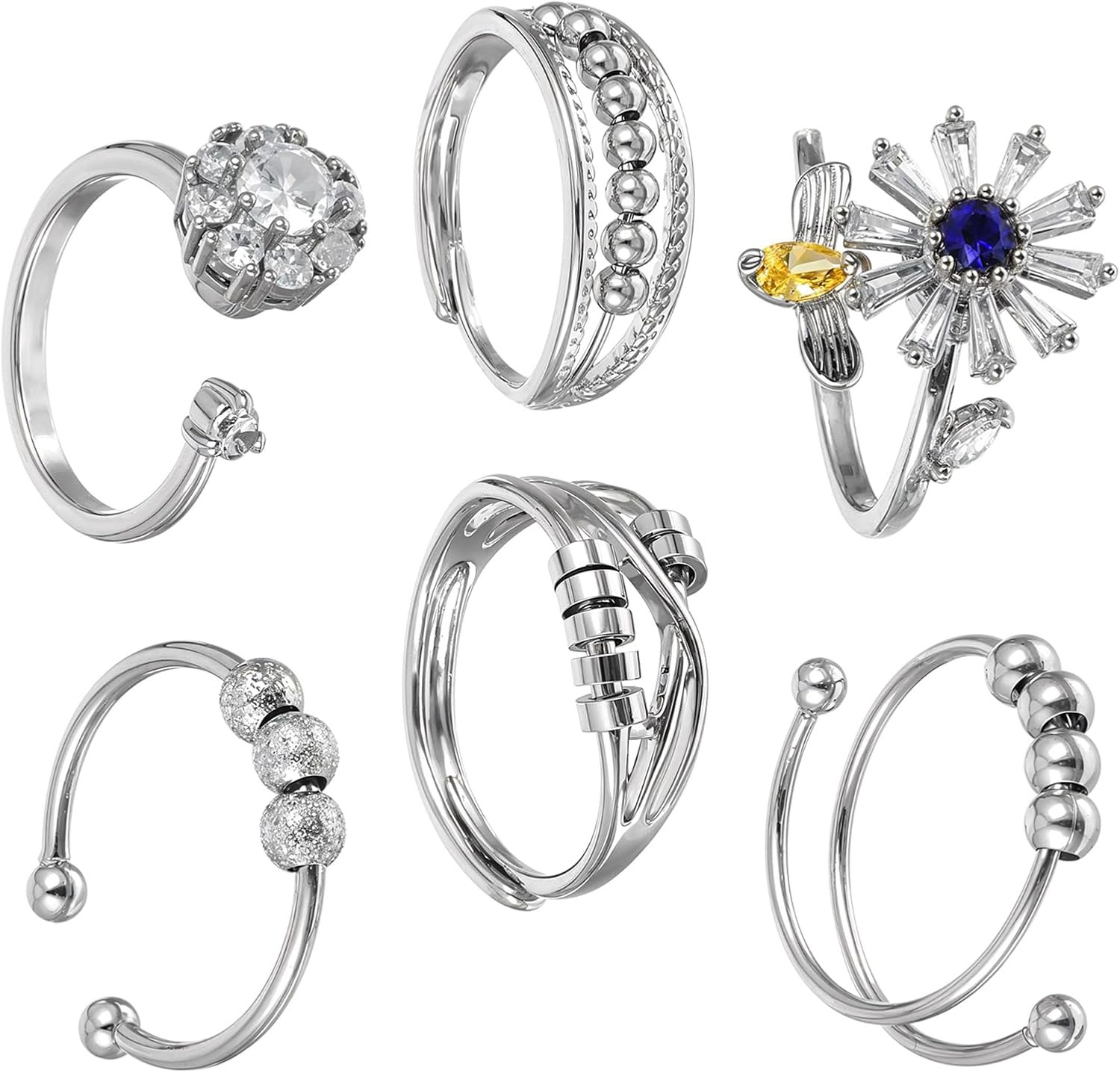 Anti Anxiety Fidget Ring for Women, 6 Pcs Open Adjustable Fidget Rings Anti Anxiety Spinner Ring Bee Flower Bead Rings Cute Relief Items Gift