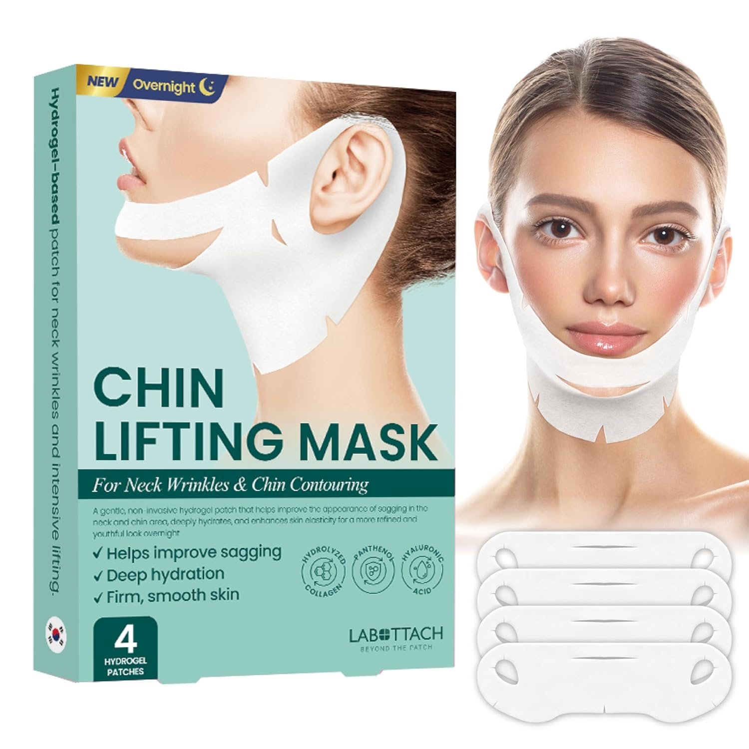 Chin Lifting Mask 4ct – Korean Hydrogel Neck & Chin Patch for Sagging Skin, Neck Wrinkle Patches & V-Line Lifting, Firming Overnight with Hyaluronic Acid & Vitamin E