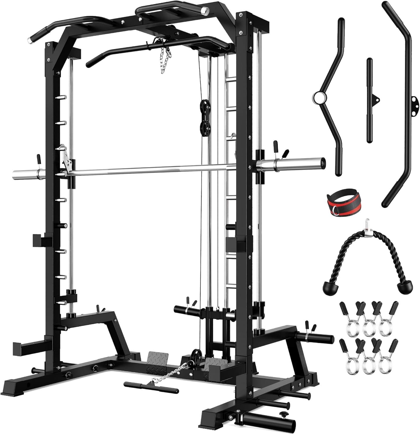JELENS SR01 Smith Machine, 2000LBS Multi-Function Power Cage with LAT Pulldown System, All-in-One Home Gym Squat Rack with Smith Bar and Training Attachments for Full Body Workouts