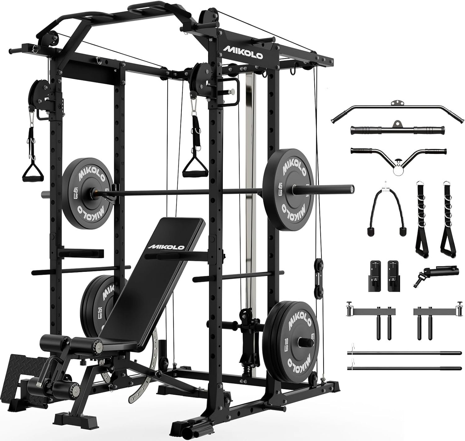 Mikolo Power Cage, Power Rack with Cable Crossover System, 1500LBS Squat Rack with LAT Pull Down System, Workout Cage with Pulley System for Fitness Home Gym
