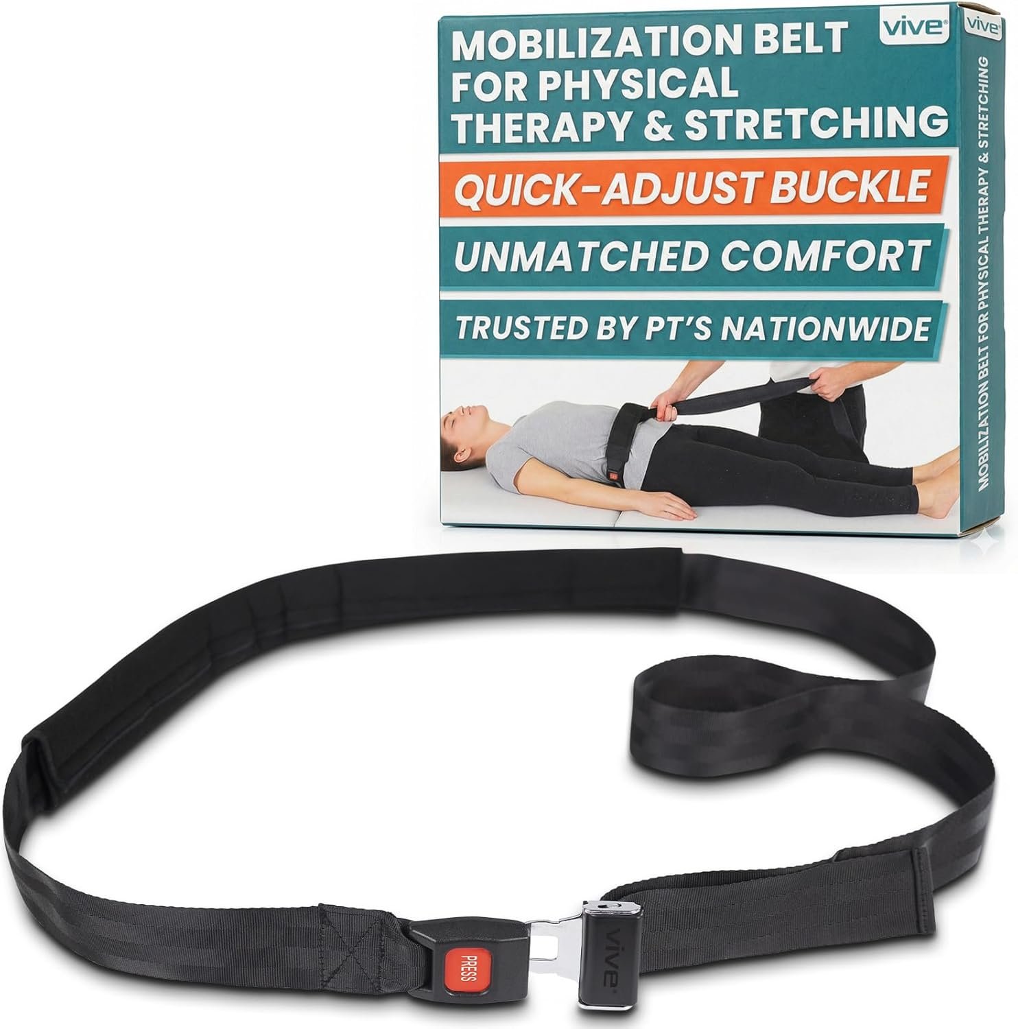 Vive Mobilization Belt for Physical Therapy with Buckle – Manual Traction Stretching Band – PT Traction Strap Belt for Stretching, Mobility, Massages & Exercise (Black)