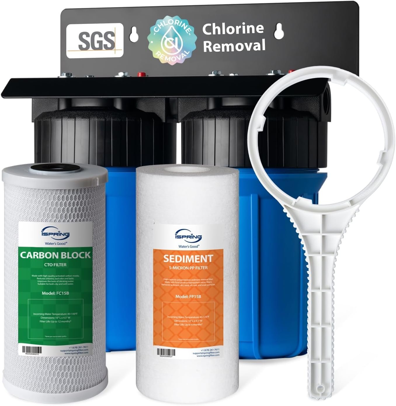 iSpring WGB21B 2-Stage Whole House Water Filtration System, with 10″ x 4.5″ Sediment CTO(Chlorine, Taste, and Odor) Filter, 1″ Inlet/Outlet