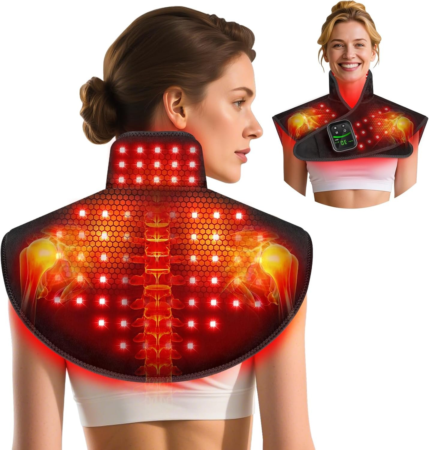 RELEXNOW Red Light Therapy for Shoulders and Neck Massage with Heat, 5000 mAh Battery Cordless Near Infrared Red Light Therapy Pad for Body, Wearable Heating Pad for Upper Back, Shoulder & Neck(Black)