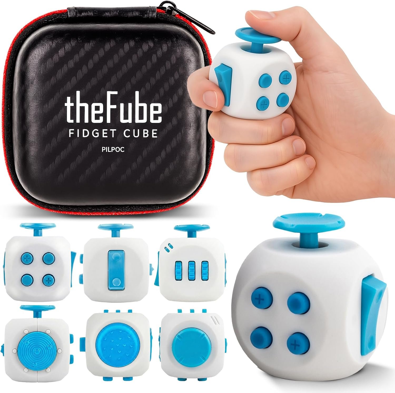 PILPOC theFube Fidget Cube, 6-Sided Stress Relief Infinity Cube for Adults & Kids, Boosts Concentration, Mindfulness Aid, Silent & Audible Modes, Includes Carry Case for Portability (Pearl-Sapphire)