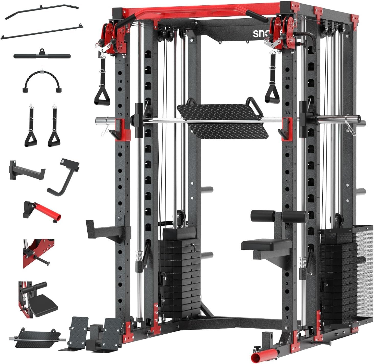 SNODE ALL10 Smith Machine for Home Gym, Power Rack with Cable Crossover, Squat Rack with Leg Press and Advanced LAT Pull-Down Seat, 2000LB Weight Capacity