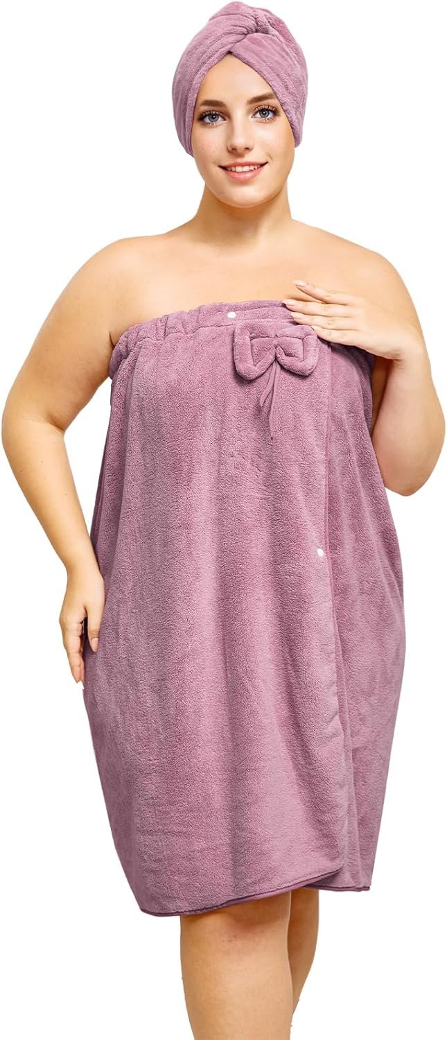 Plus Size Towel Wrap with Hair Towel for Women(XXL-XXXXL), Adjustable Women Shower Wrap Body Wrap Bath Towels, Comfortable Spa Bathrobe + Hair Drying Towel, Purple