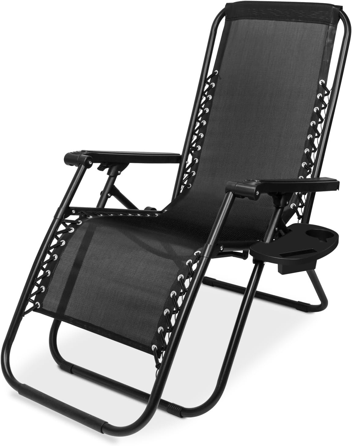 SZHLUX 1 PCS Adjustable Steel Mesh Zero Gravity Lounge Chair Recliners W/Pillows and Cup Holder Trays – Black