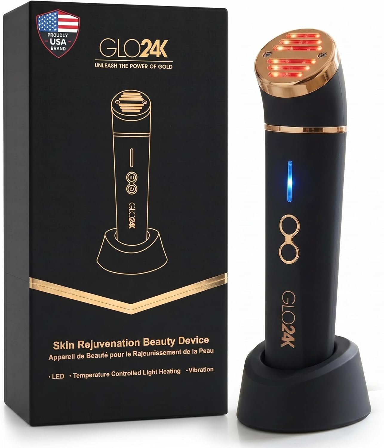 GLO24K Red Light Beauty Device for Face & Neck – 3-in-1 Facial and Neck Massager with Triple LED & Advanced Vibration Technology