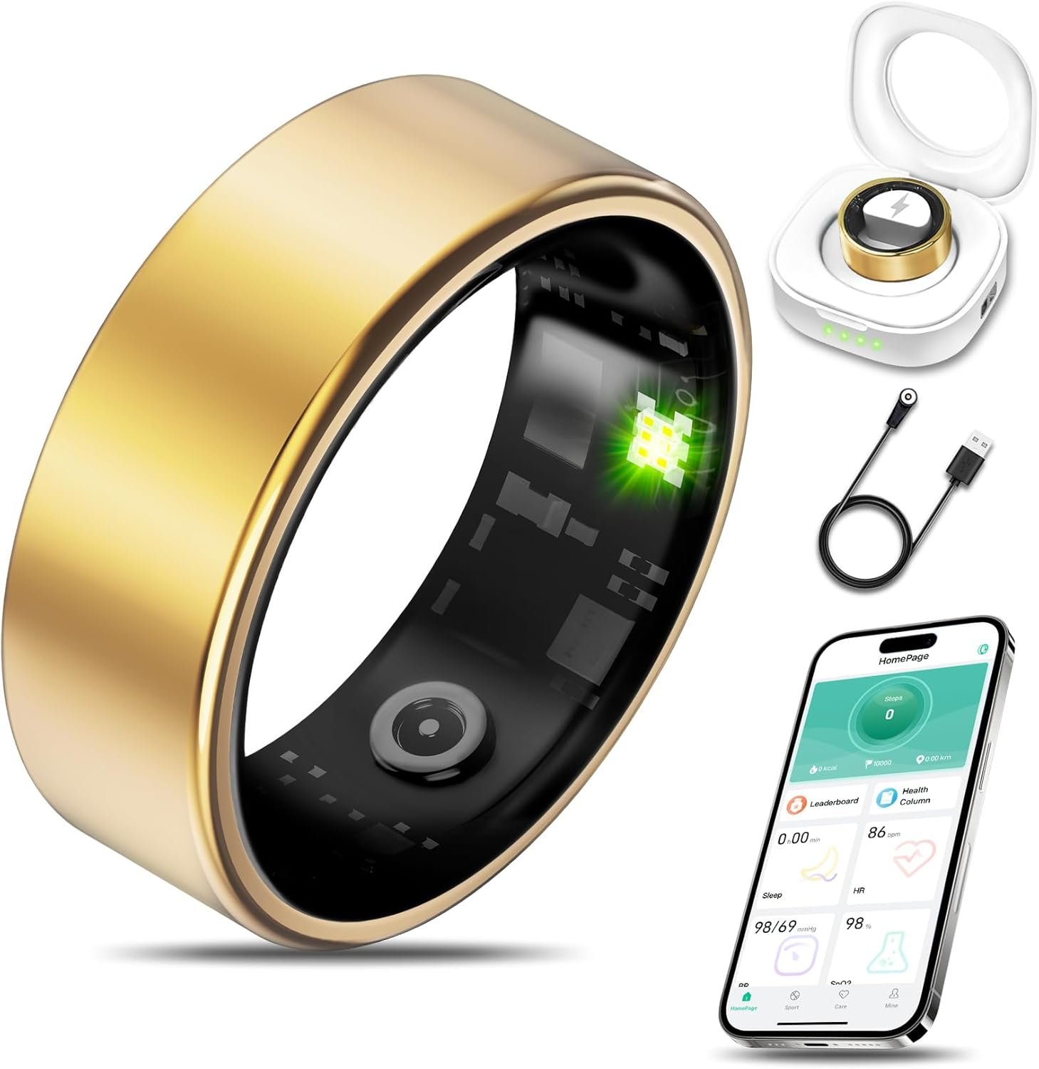 Smart Health Ring Fitness Tracker for Men Women, Sleep, Stress & Activity Monitoring, IP68 Waterproof, Long Lasting Battery, No Subscription Fees, Compatible with iOS & Android, Gold 9