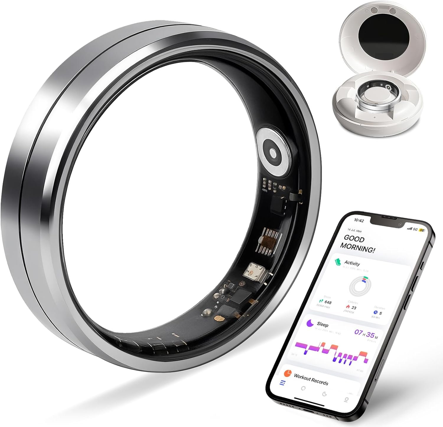 Smart Ring for Women and Men, 5ATM Waterproof Smart Rings Health Tracker with Sleep/Stress/Heart Rate/Activity Monitor, No Subscription, Smart Rings Fitness Tracker for Android iOS, Size 12, Silver