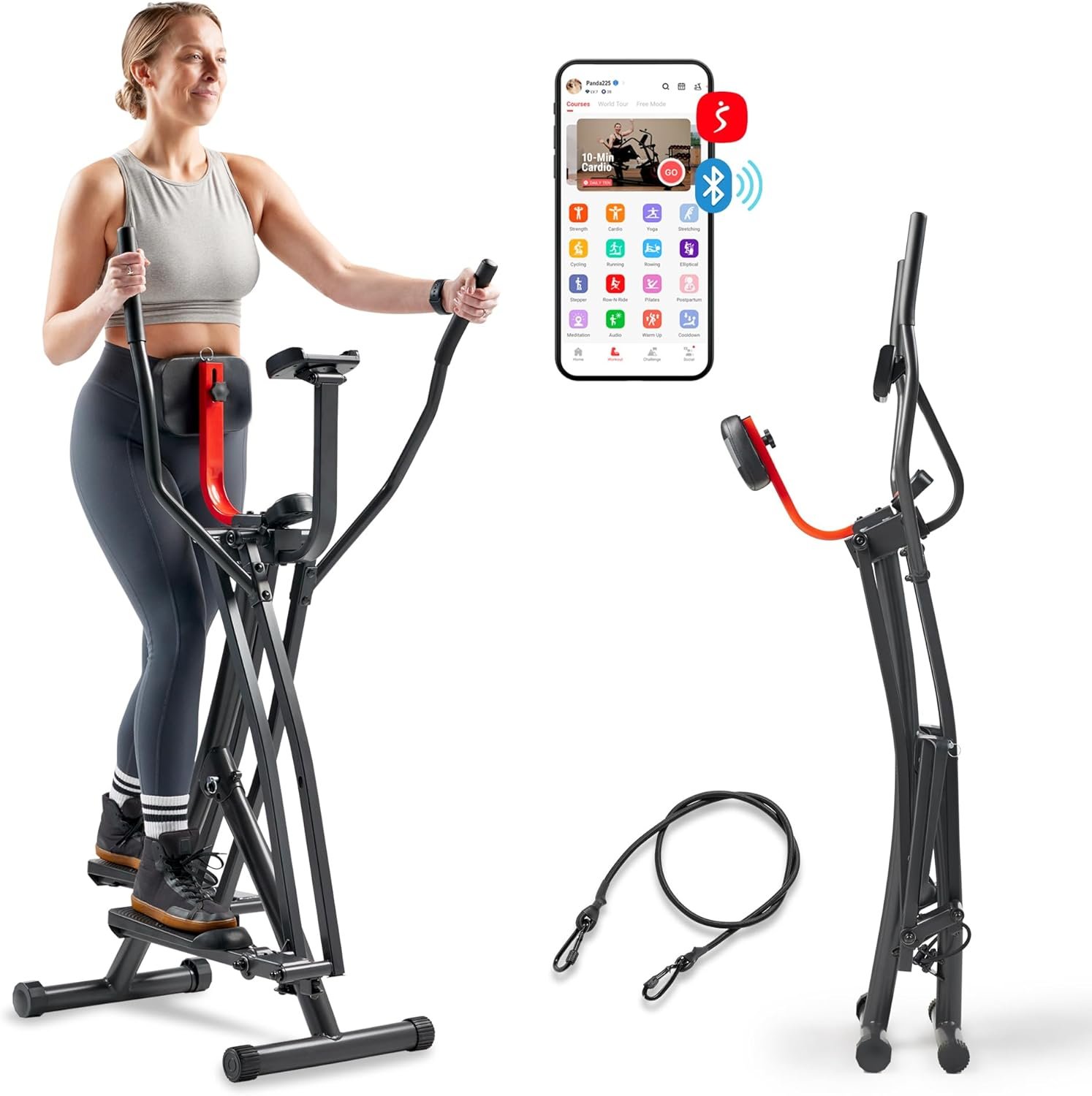 Sunny Health & Fitness Foldable Air Walk Elliptical, 30″ inch Long Stride Glide Exercise Full-Body Cardio Cross Smart Trainer for Home Office, SunnyFit App via Bluetooth with Adjustable Resistance
