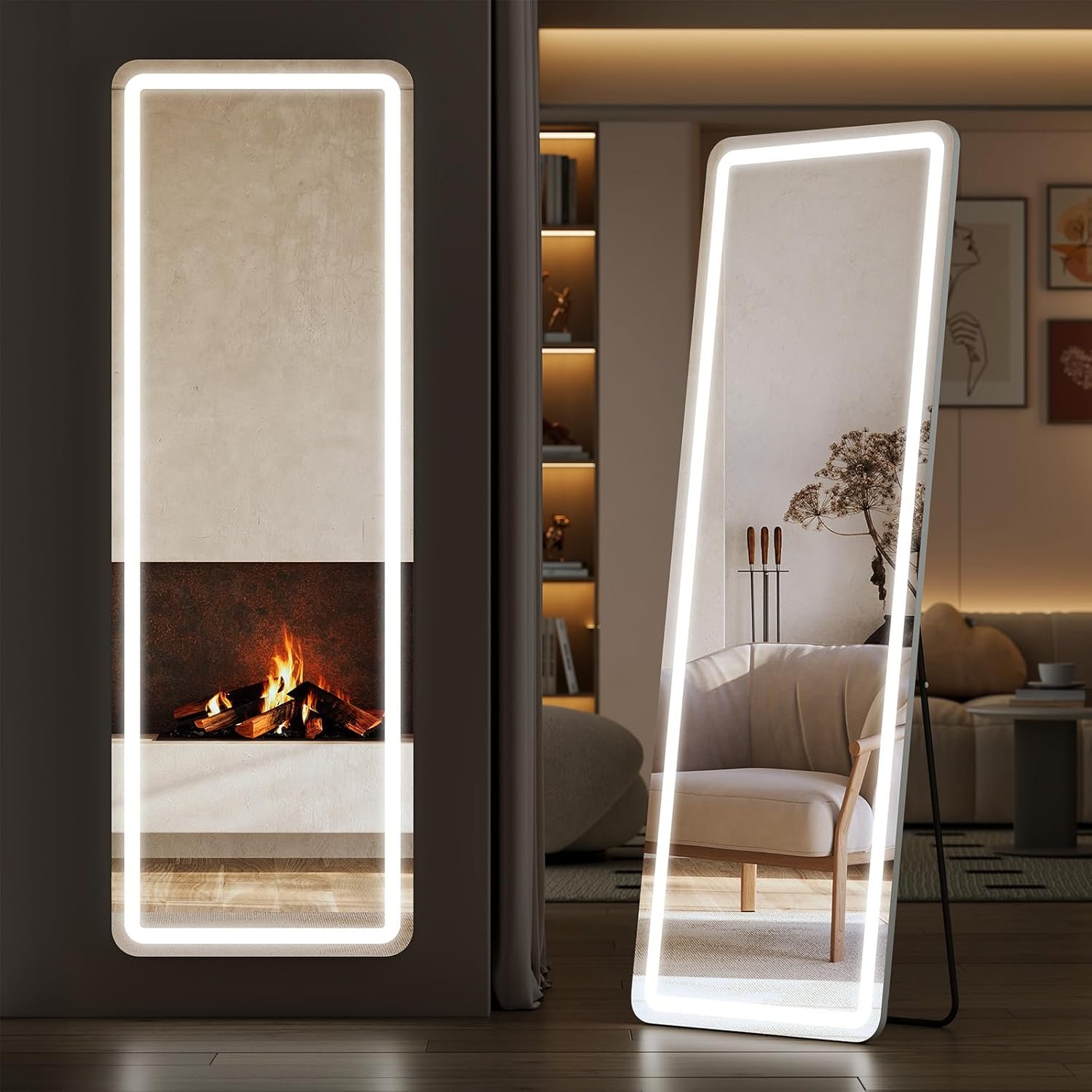 Sweetcrispy Full Length Mirror with LED Lights, 65″x21″ Lighted Full Body Floor Mirror with Dimming & 3 Color Lighting, Stand for Bedroom, Dressing Room, White