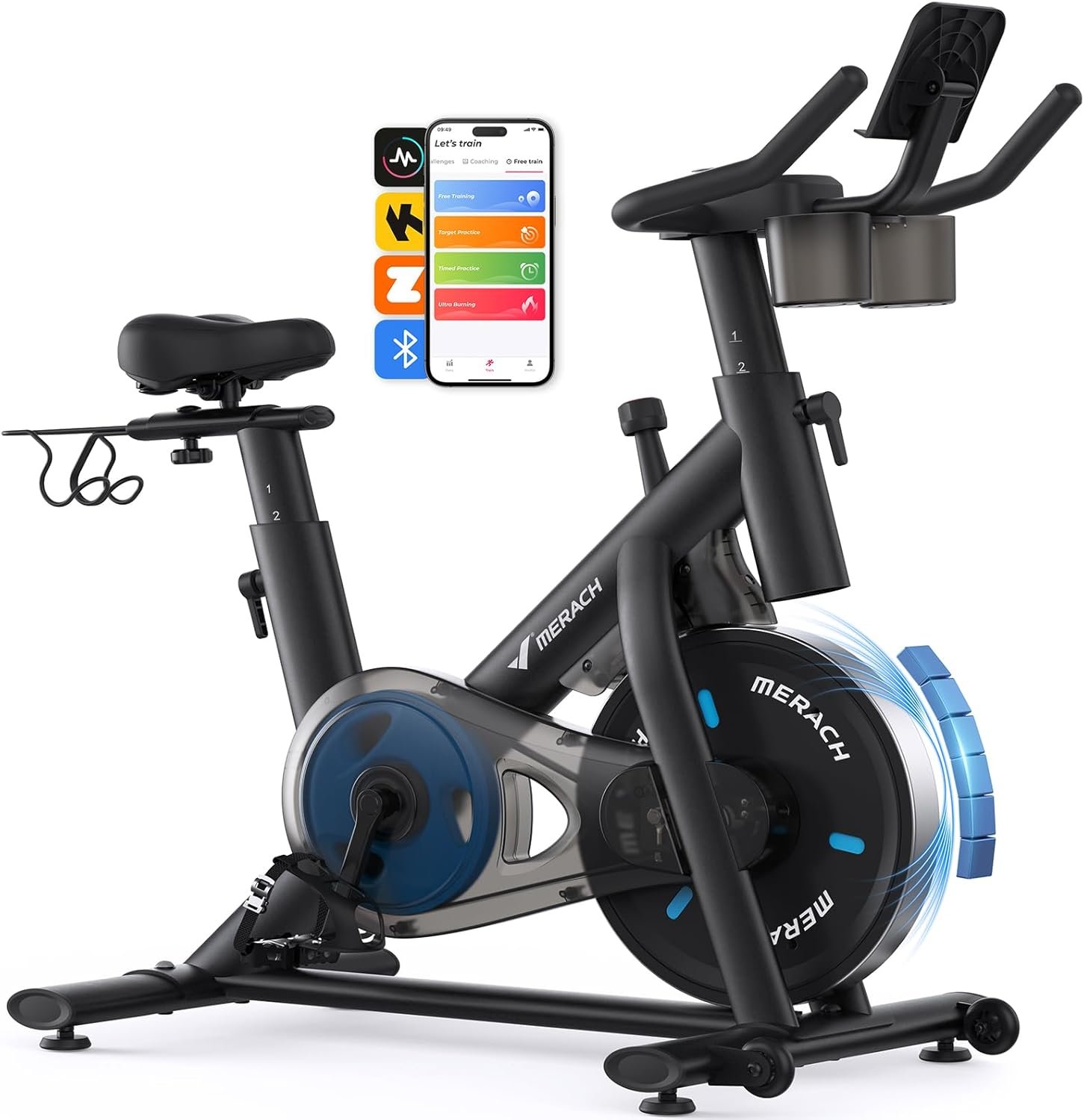 Merach Exercise Bike, Magnetic Friction Stationary Bike with Brake Pad and Exclusive App, Low Noise Indoor Cycling Bike with 300lbs Weight Capacity, Tablet Mount and Fitness Courses for Weight Loss