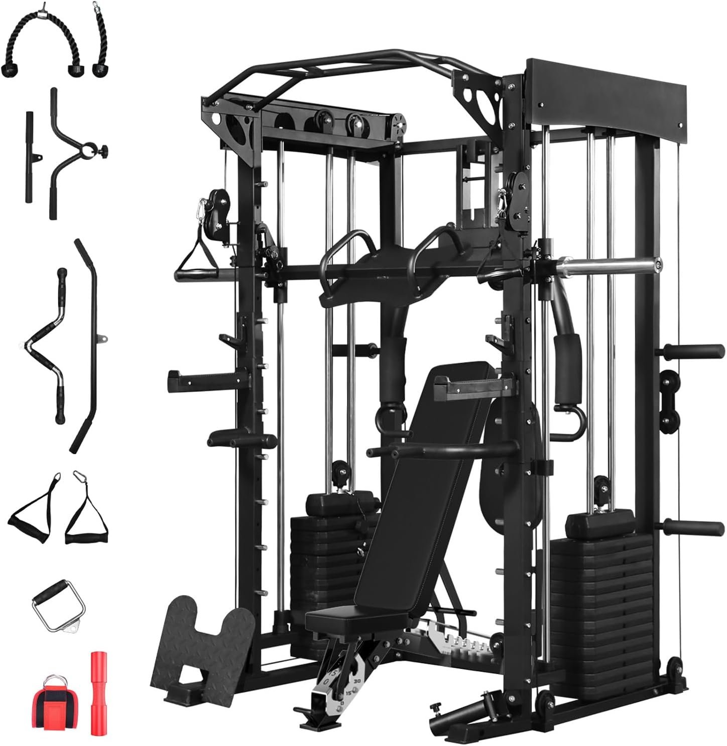 Smith Machine with Bench, Chest Fly and Leg Press, Dual 313 lb Weight Stacks, All in One Home Gym with Power Cage, Cable Pulley and LAT Pulldown for Full Body Strength Training