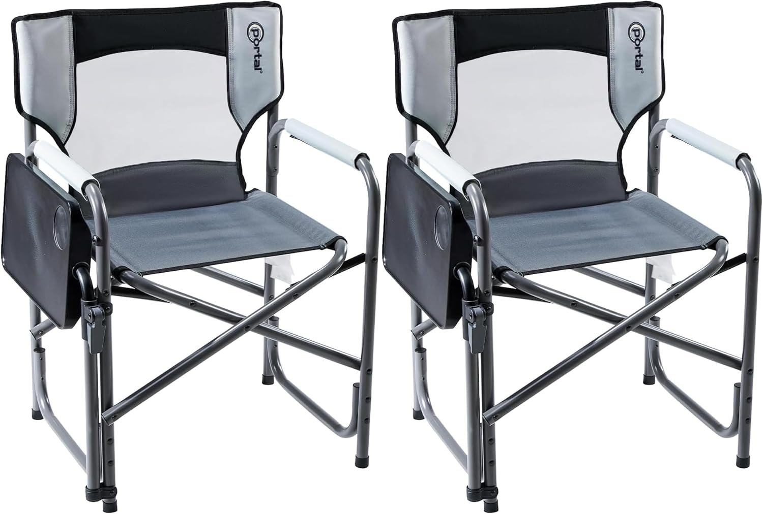 Portal Folding Director Chair with 2-Way Rotating Side Table, Heavy Duty 300 lb Camping Chair with Swivel Tray & Cup Holder, Ergonomic Mesh Back Portable Outdoor Seat for RV, Tailgating & Lawn, Grey