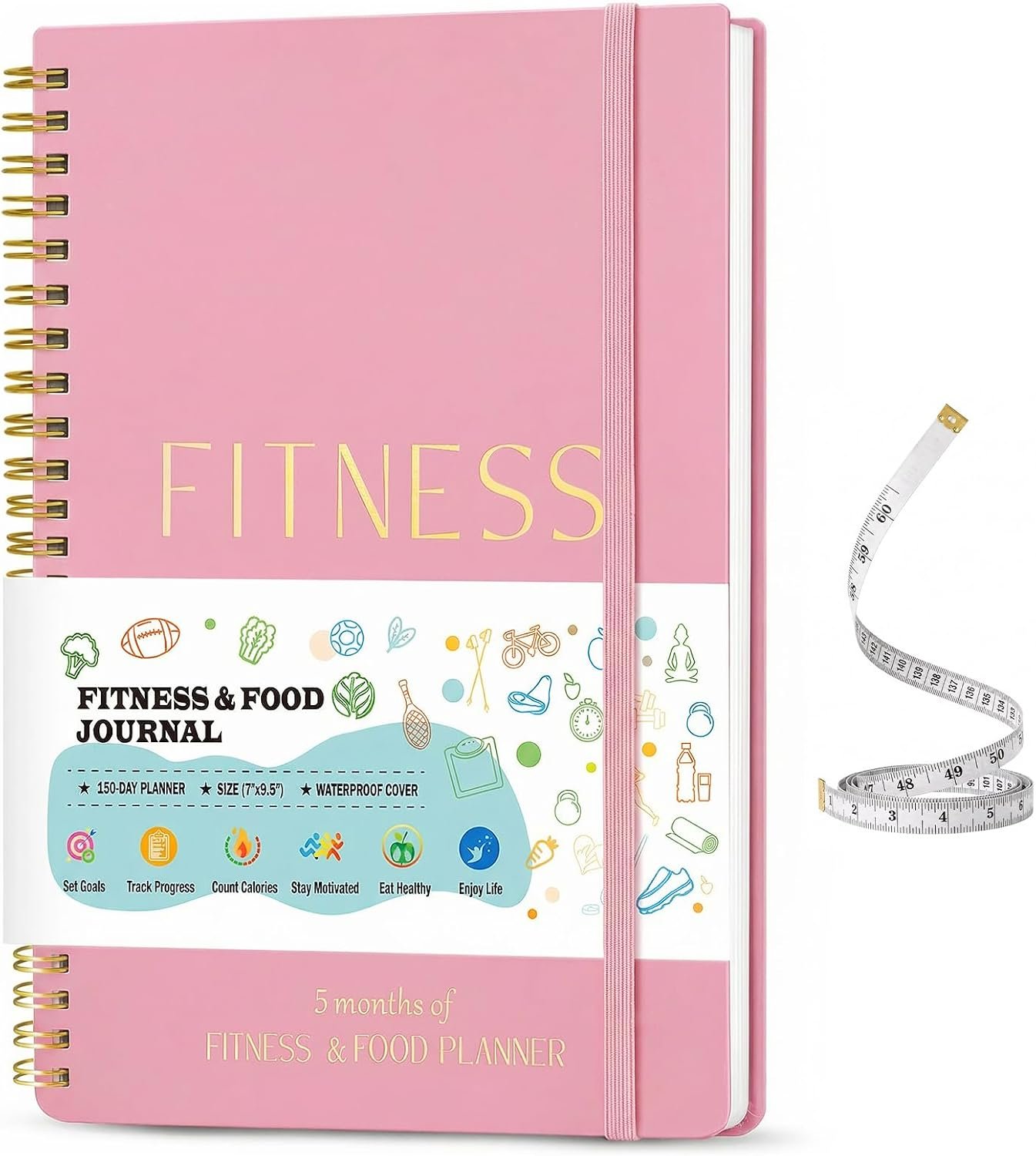 Fitness Food Journal for Women – Workout & Wellness Planner 150-day Notebook with Measuring Tape: Undated Pink for Diet Exercise Tracker (9.5’’*7’’)