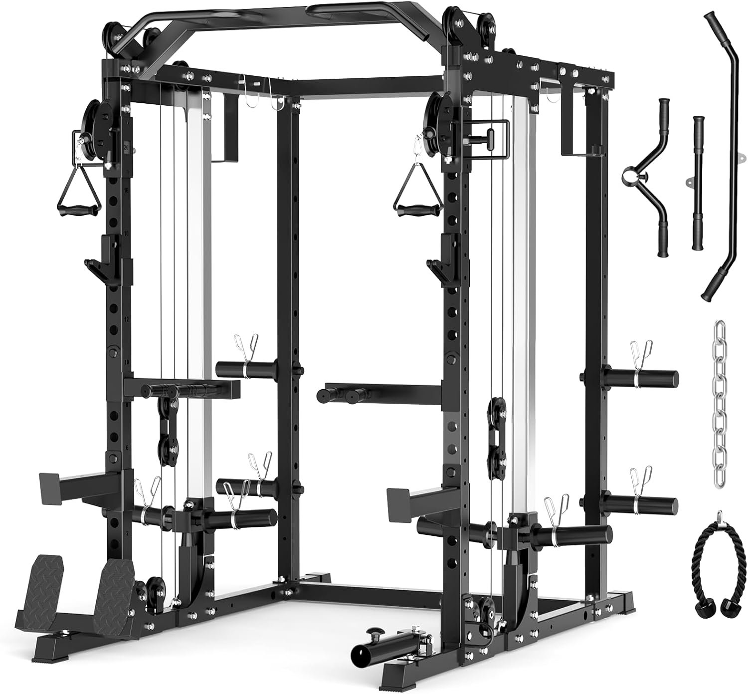 Power Cage Home Gym, Dual Pulley Cable Crossover System, All-in-One Squat Power Rack with Strength Training Attachments for Full-Body Workouts
